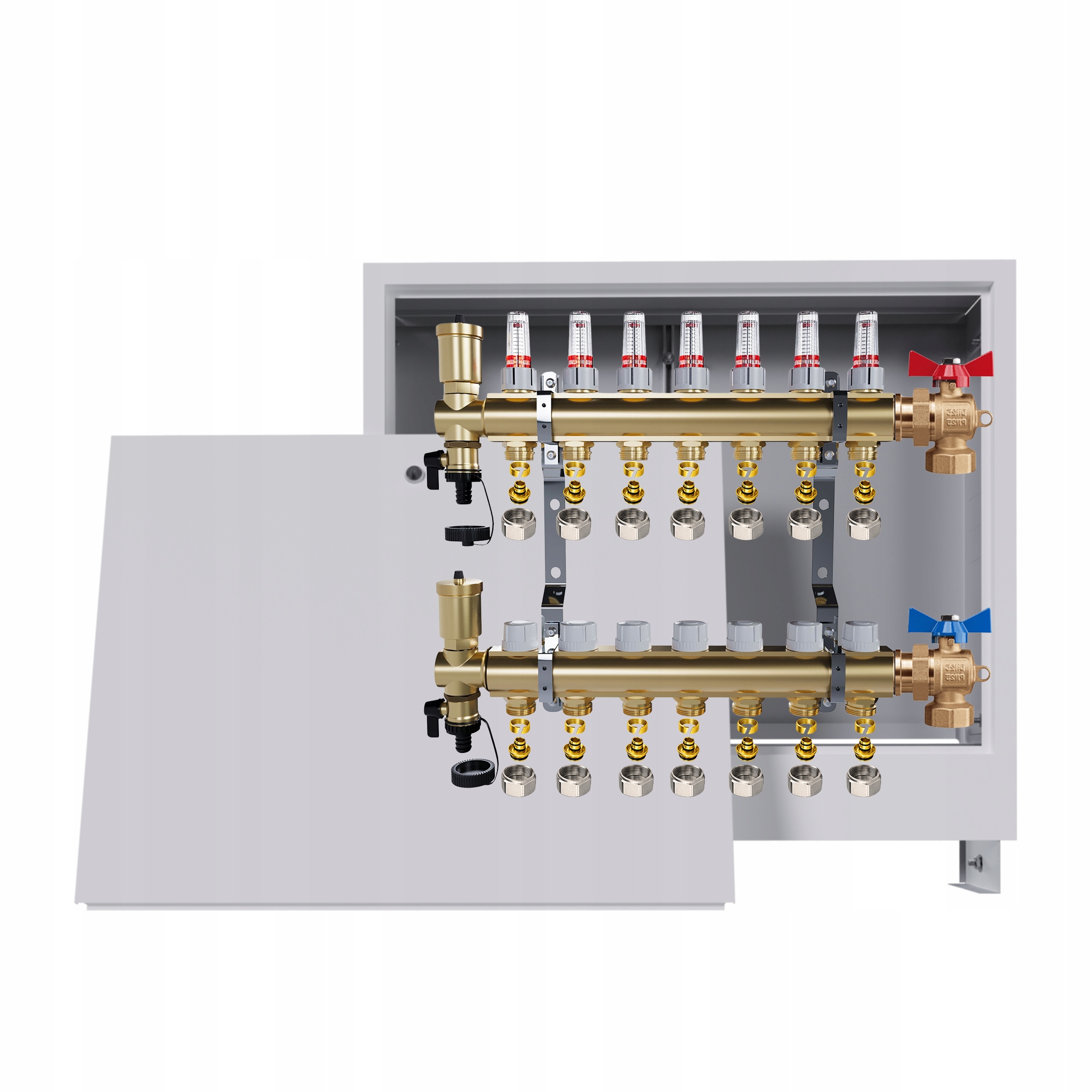 Rozdělovač podlahových krytin mosazný 7 obvodů Podomítková skříň ventily Pex