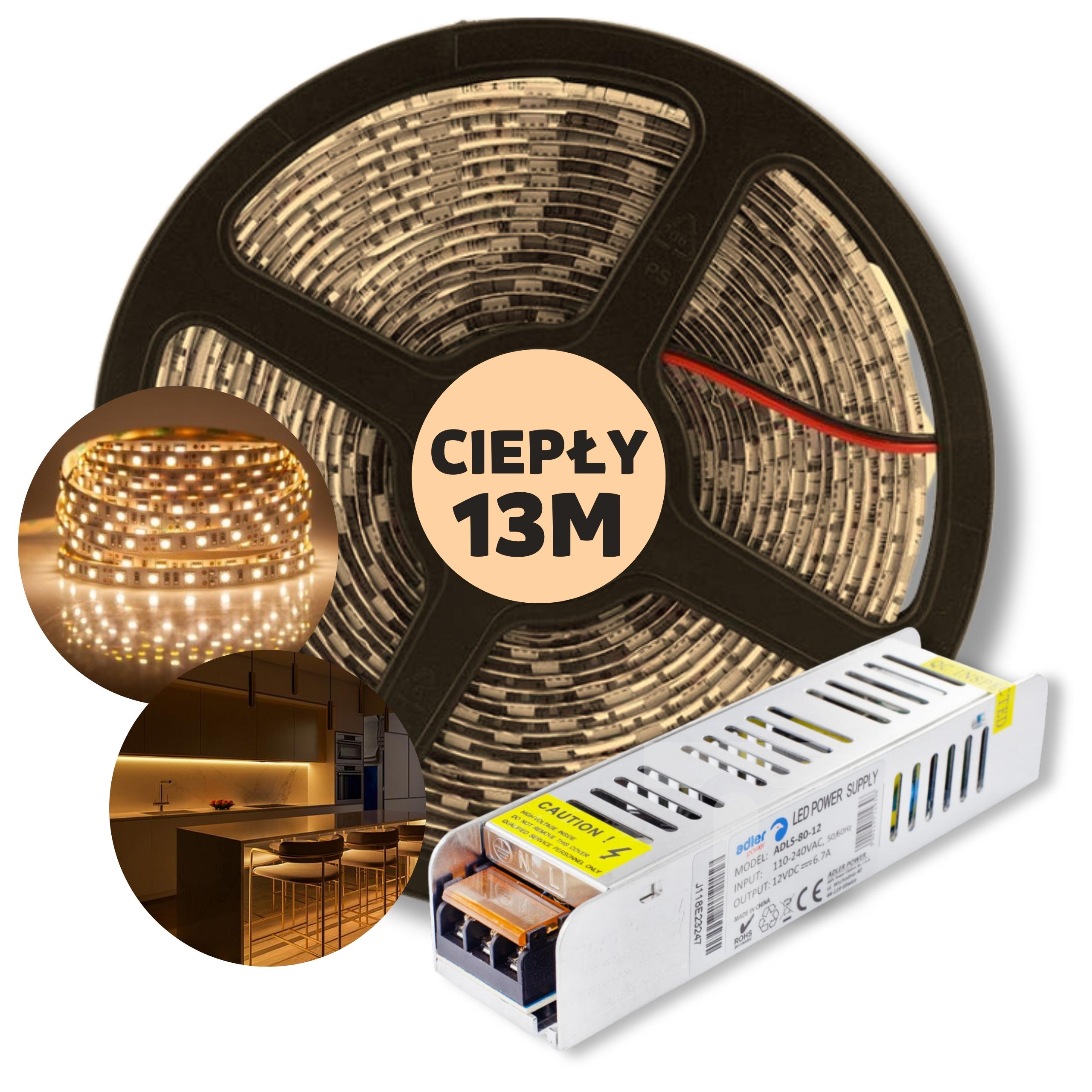 Set 13 m Led pásek Smd bílý teplý s napájecím zdrojem 12 V