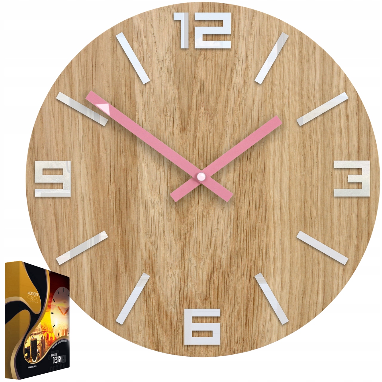 Nástěnné hodiny Dubový Křemenný dřevěný Arabic Wood White&Pink