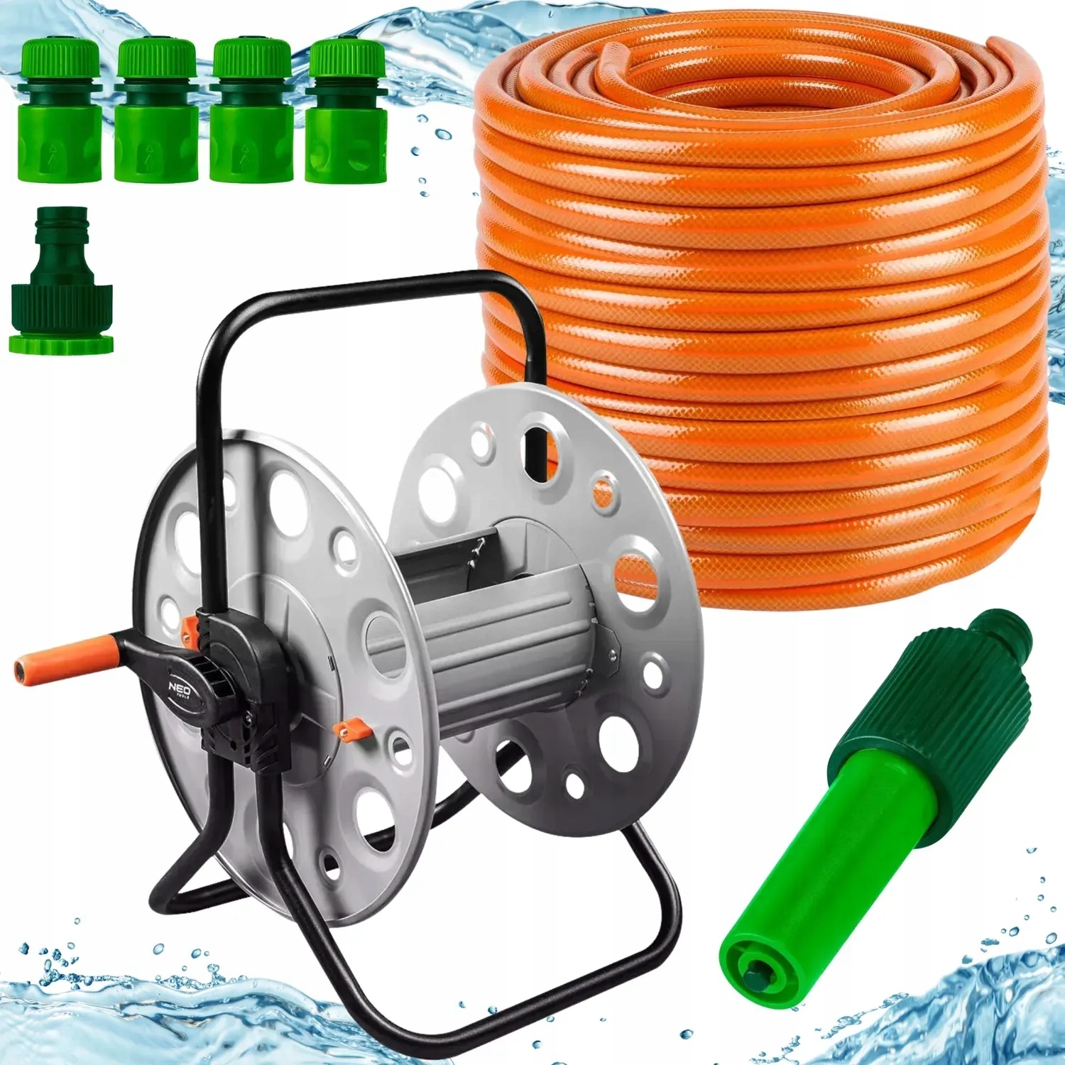 Wąż Ogrodowy Mocny na Bębnie 50m 1/2" Zraszacz Złączki Zestaw Komplet Neo