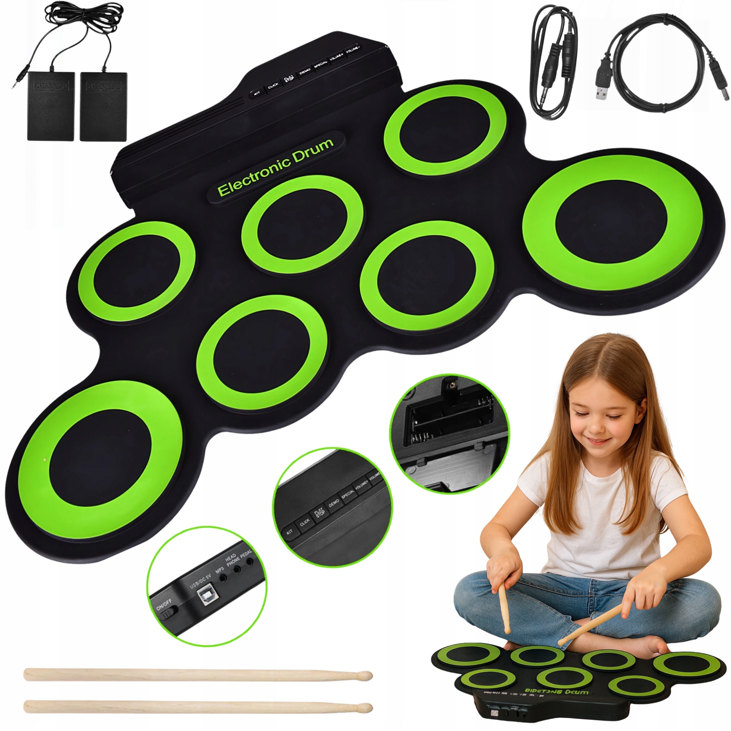 Skládací Přenosná Elektronická Bicí Souprava Usb MP3 Paličky