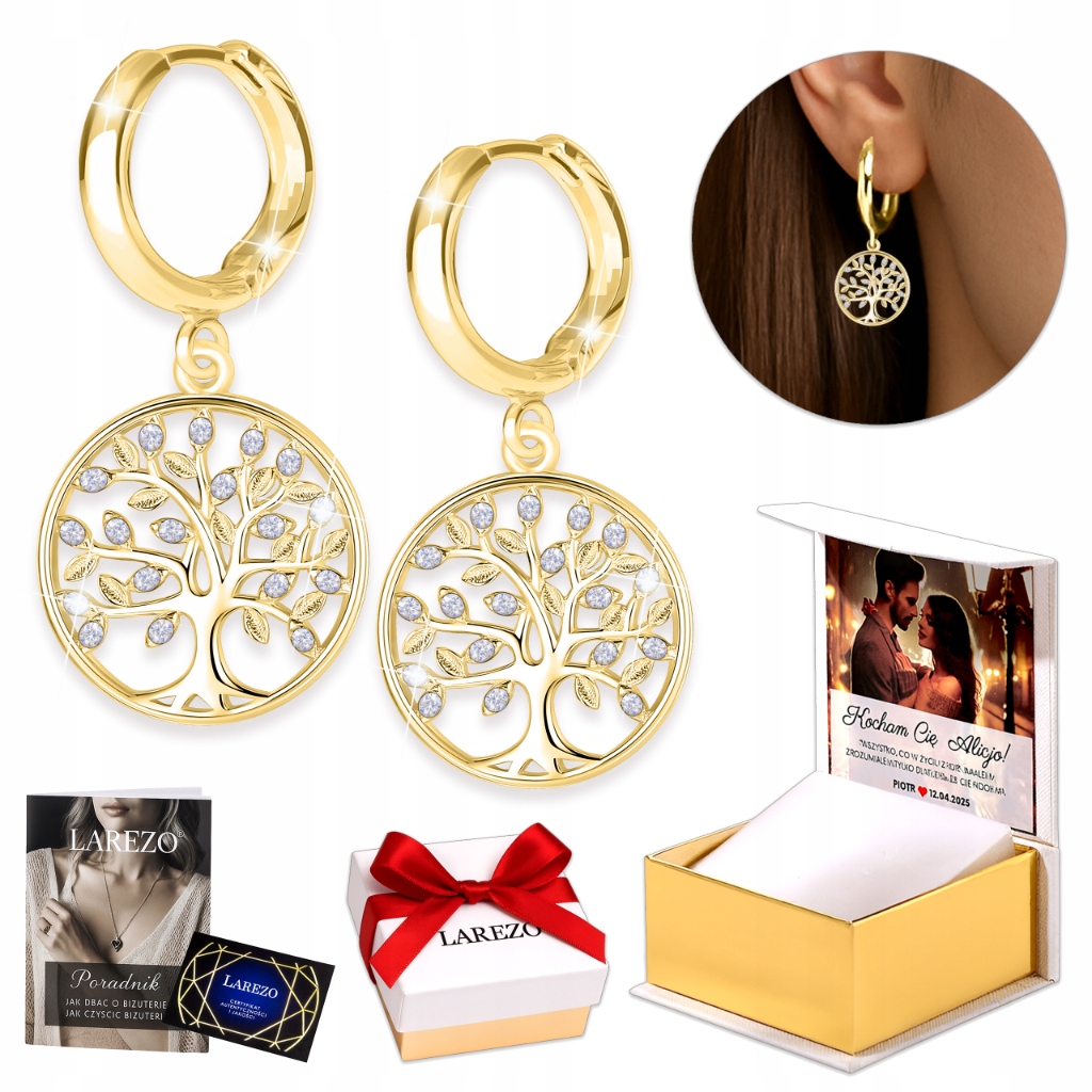 Zlaté Náušnice 925 Křišťálový strom Strom štěstí života s zirkony