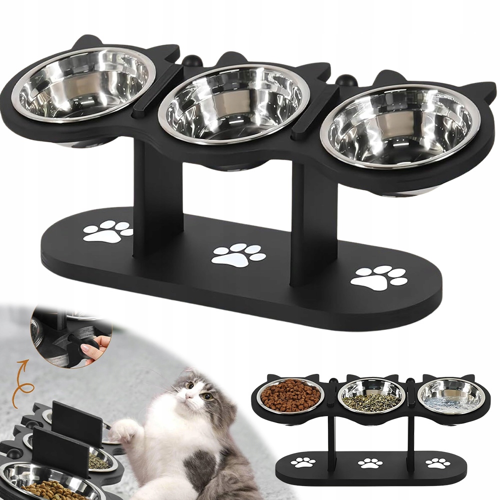 Levně Vyvýšená Jídelna Pro Kočky – 3 Misky Inox, Lehká A Stabilní Stanice