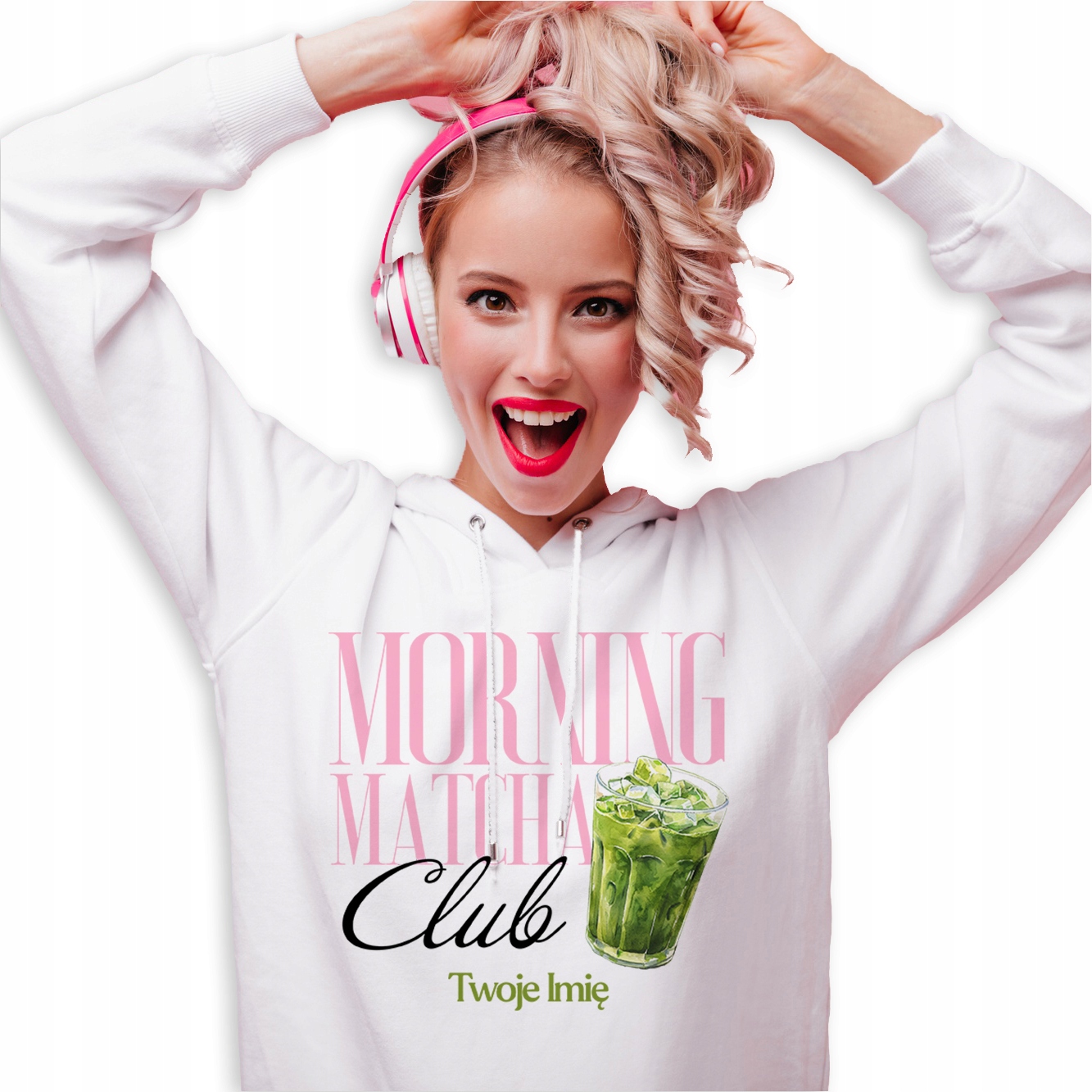 Mikina Hoodie Bílá pro milovnici Matchy Morning Matcha Club Jméno M