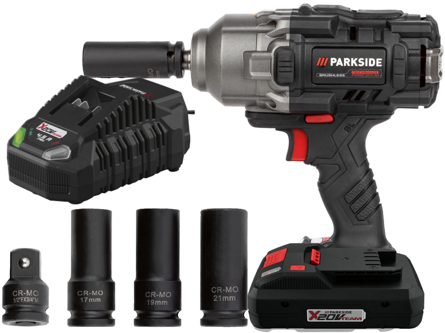 Bezkartáčový akumulátorový rázový utahovák 1/2 C4 Parkside aku 4ah nabíječka