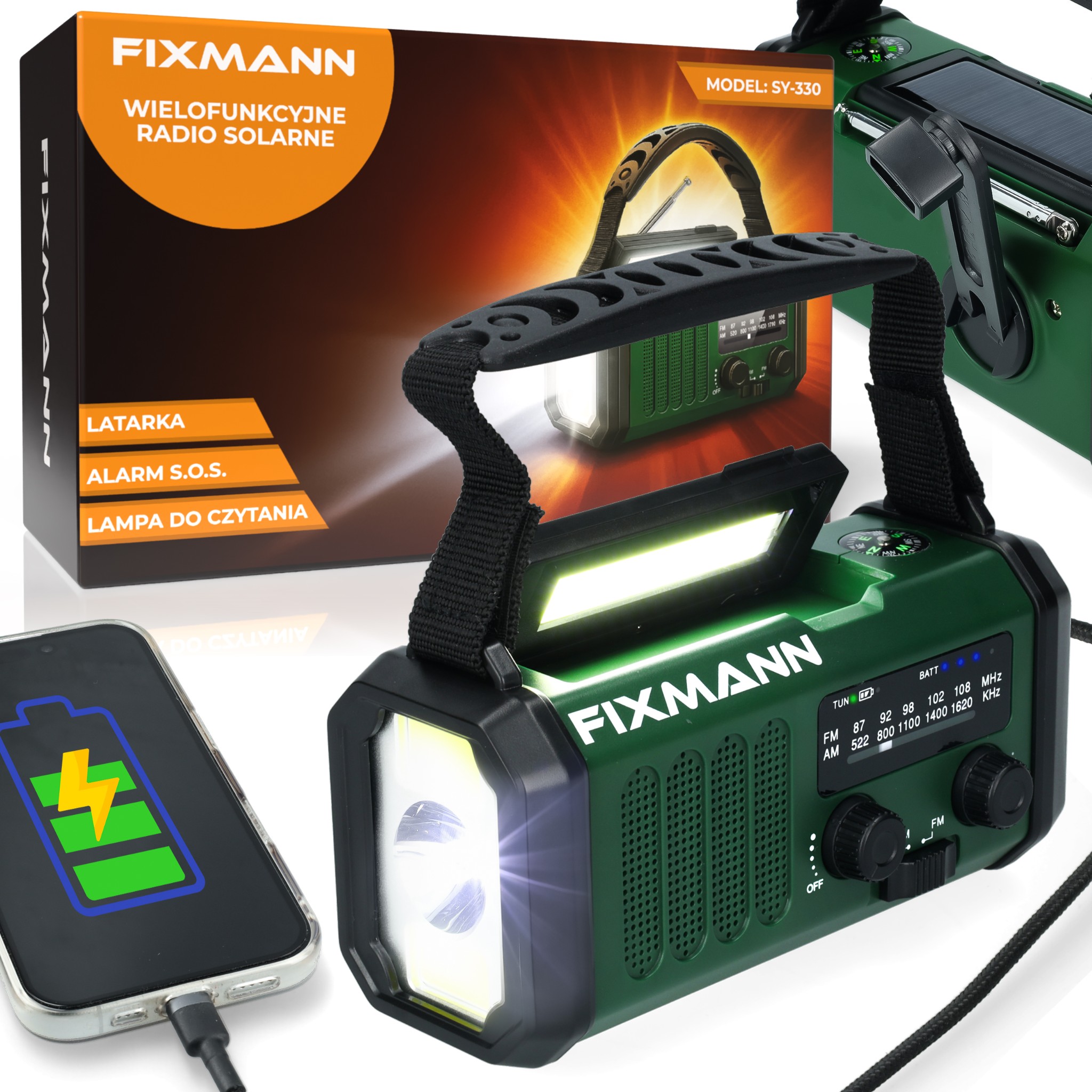 Přenosné solární rádio na nouzovou lampičku AlarmSOS 10000 mAh Zelená