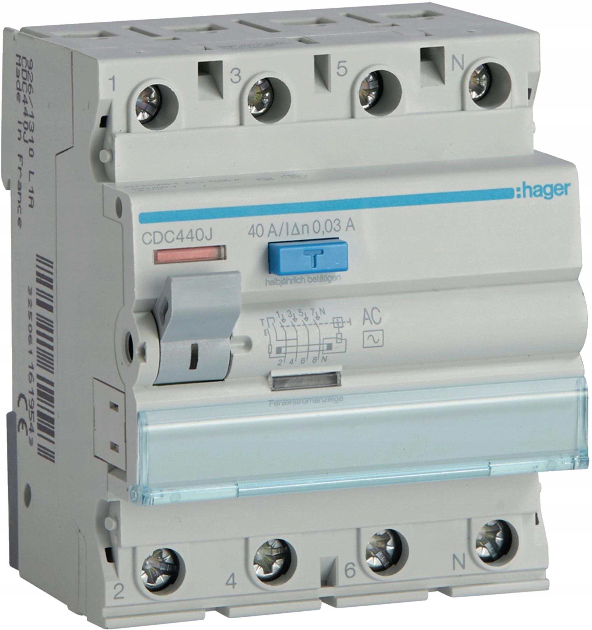 Proudový spínač 3P+N 40A 30mA 6kA Ac Hager CDC440J
