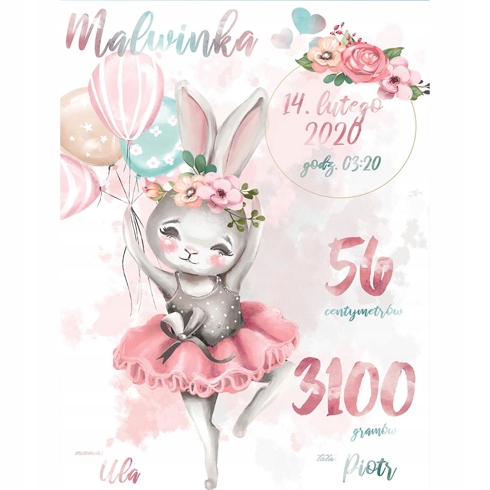 Metryczka plakat prezent A3 30X40 króliczek ramka Płeć chłopcy dziewczynki Brak informacji