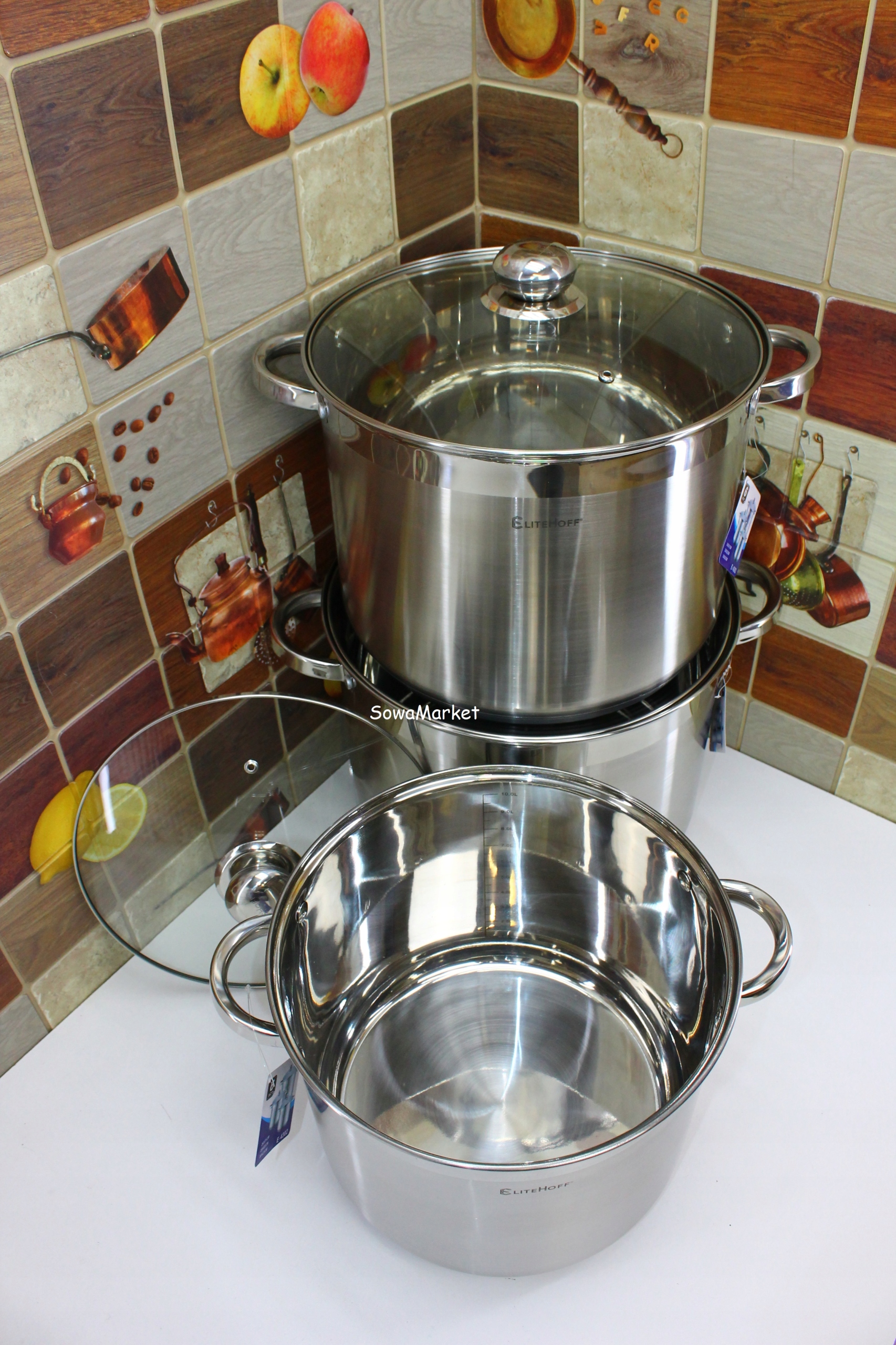 20L 18L 15L Zestaw Wysokich Garnków na Indukcję EliteHoff Kolor srebrny