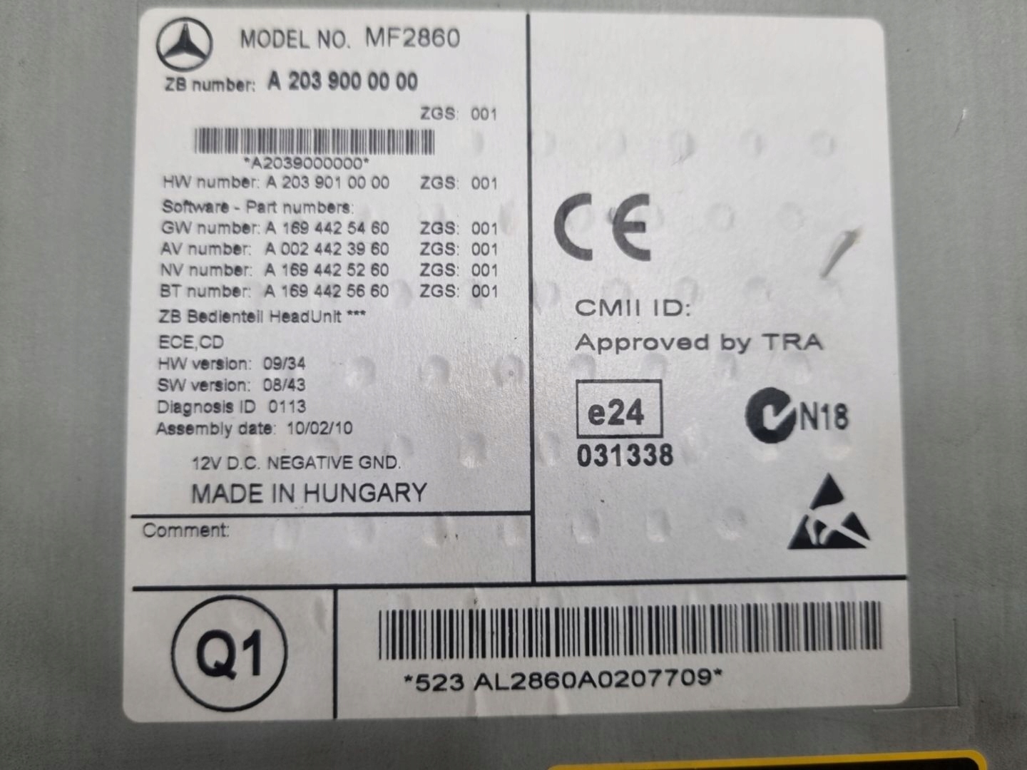 Radio samochodowe Mercedes-Benz CLC CL203 2010 A2039000000