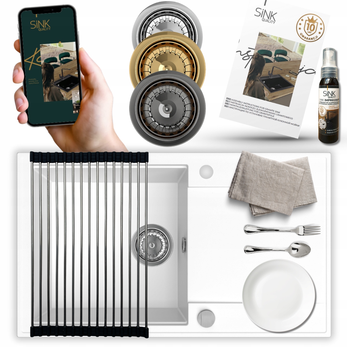 Granitový dřez bílý Jednokomorový Odkapávač sifon automatický Bonus 8v1