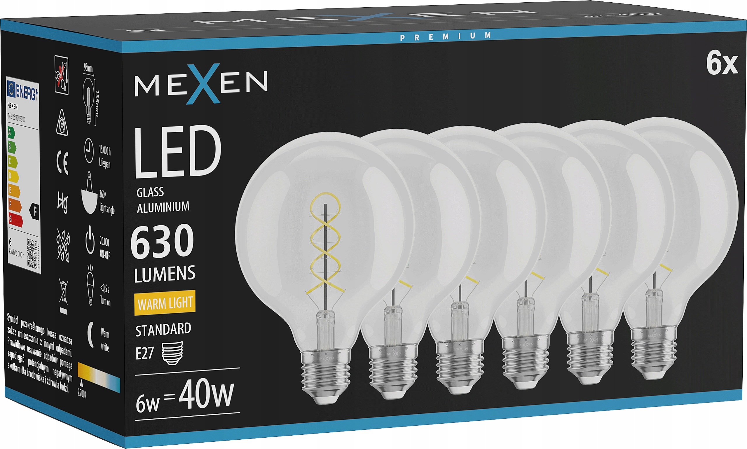 Mexen Vintis 6X Žárovka Filament Spirálová Led E27 G95 6W 2700K 630 LM Čirá