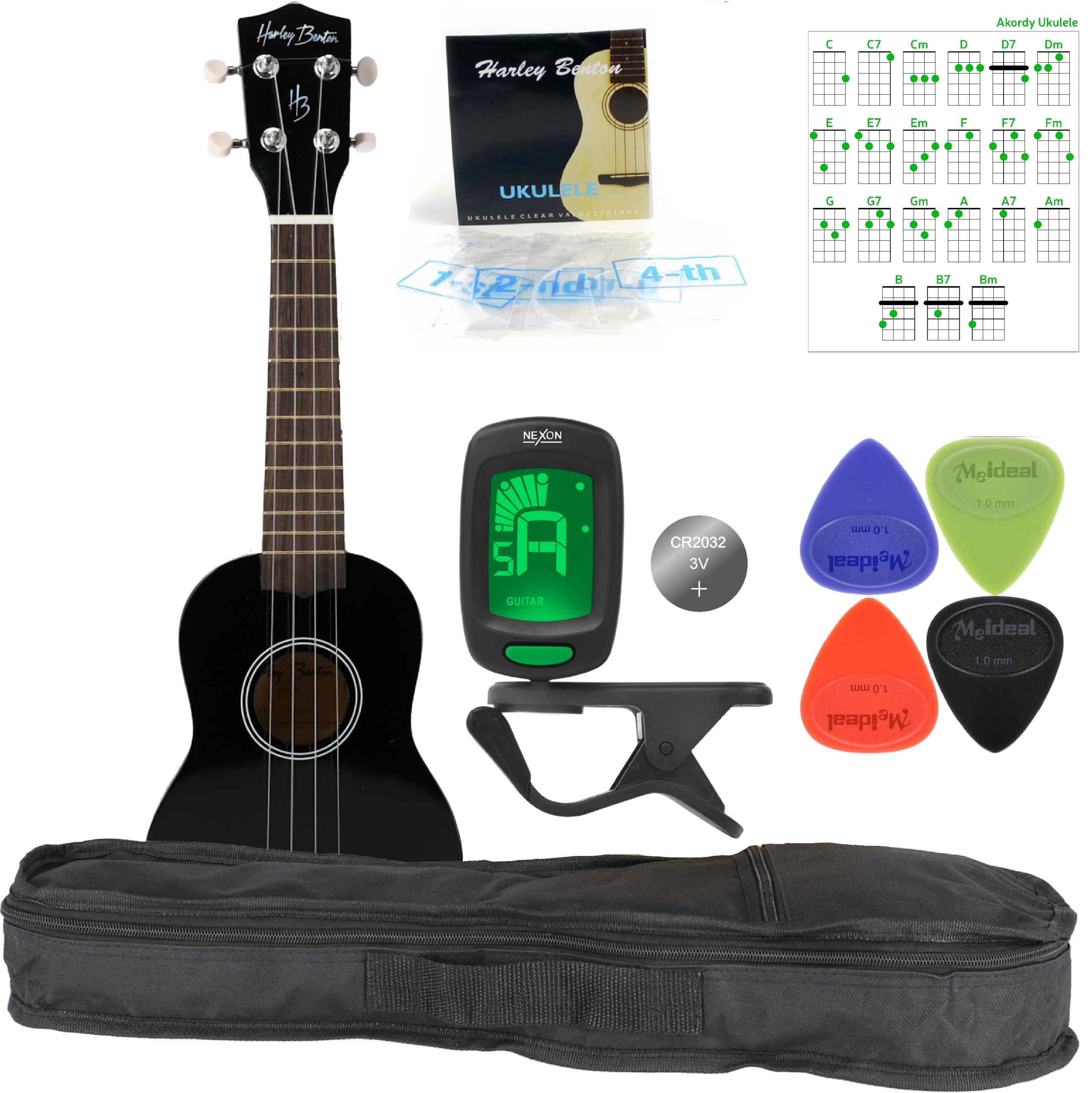 Sopránové ukulele Černé Pouzdro Struny Kostky Plátek Akordy Set