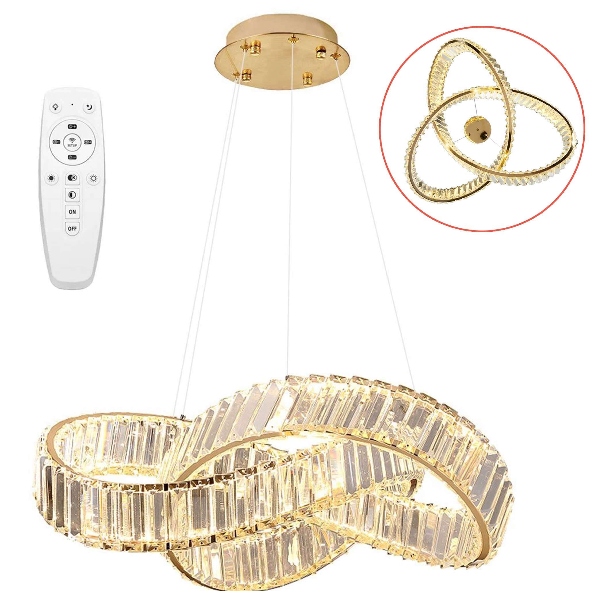 Kryštálová závesná lampa Zlatá Led Luster Glamour Pz Krištáľ Diaľkový Ovládač