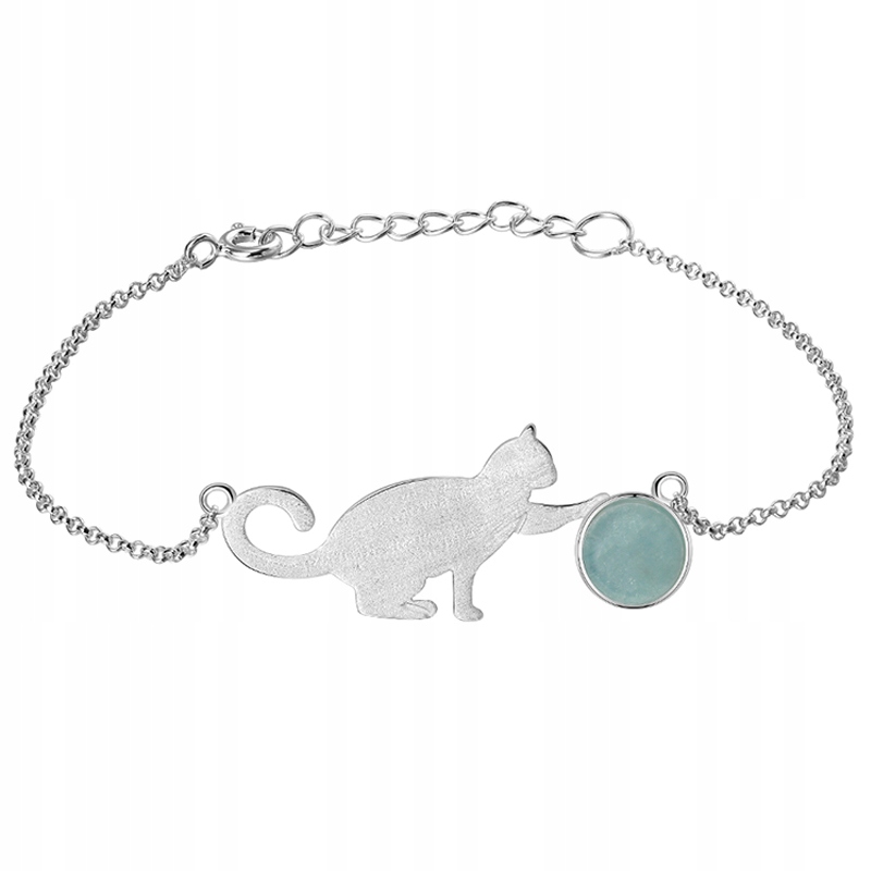 Stříbrný náramek Kočka s míčkem a přírodním Akvamarínem Stříbro 925