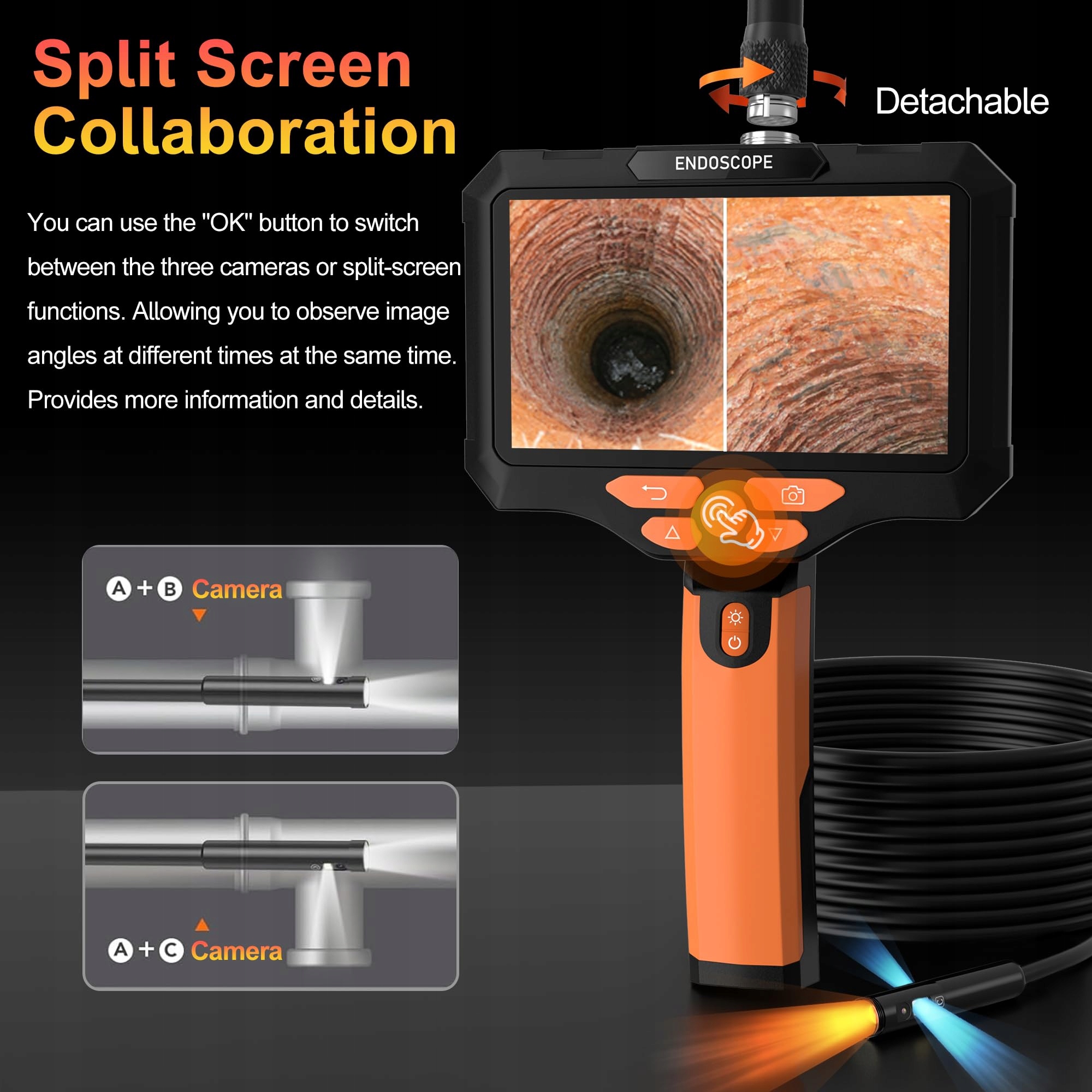 UIIVZEY Kamera Endoskopowa 10m 5 Calowy Ekran IPS HD 1080p Wodoodporna — miniatura 4