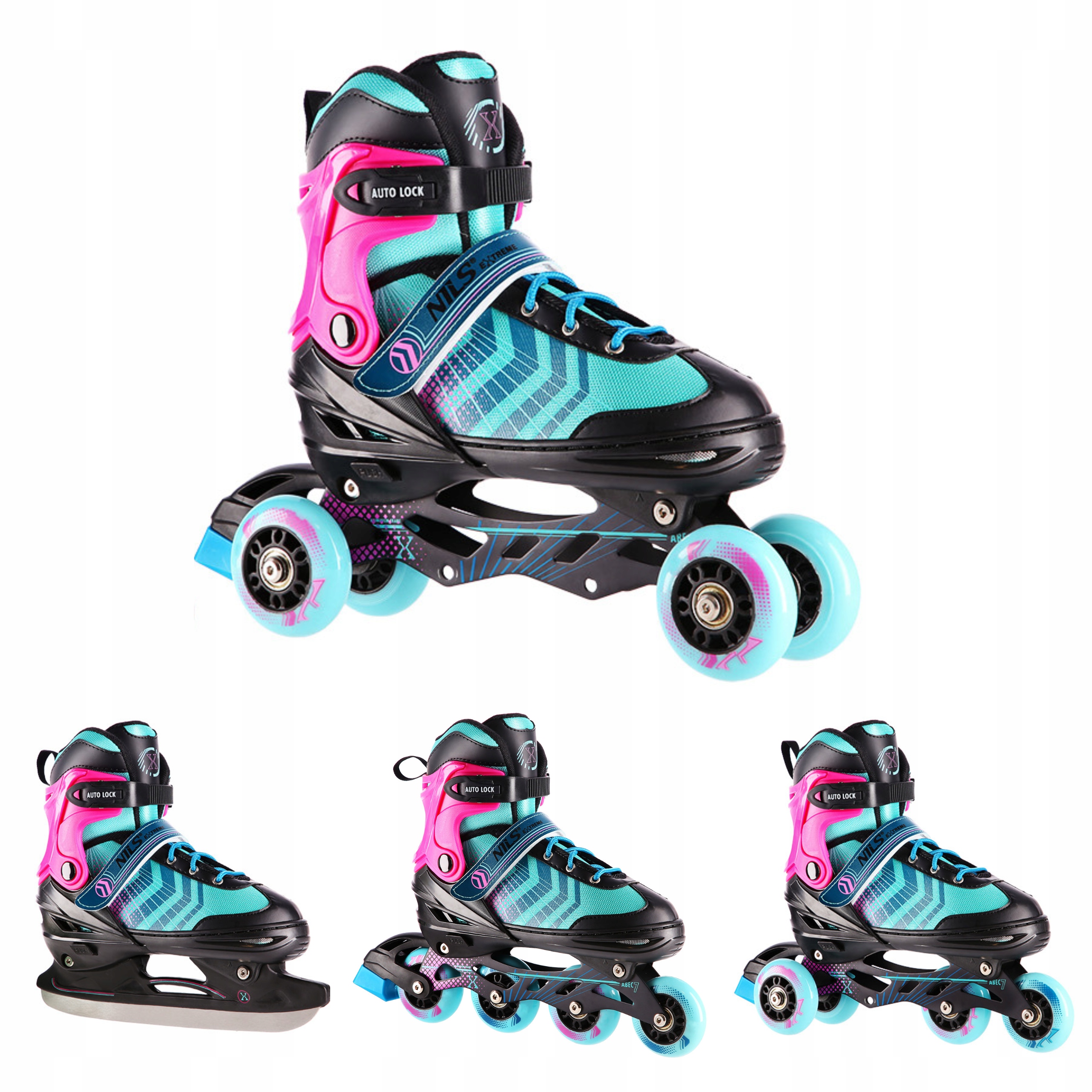 Rolki 4w1 regulowane M 34-38 fioletowe łyżwy wrotki hokejowe Nils Extreme