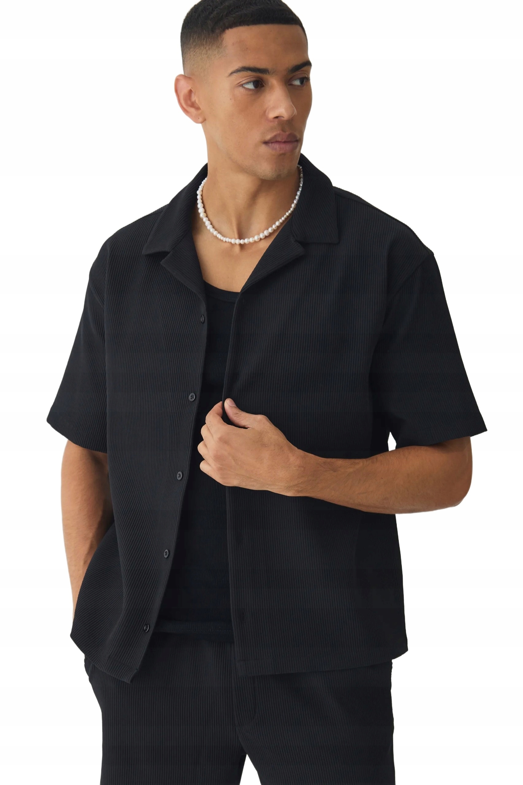 Boohooman Černá Pánská Košile Casual Krátký Rukáv Pruhy L Z3A