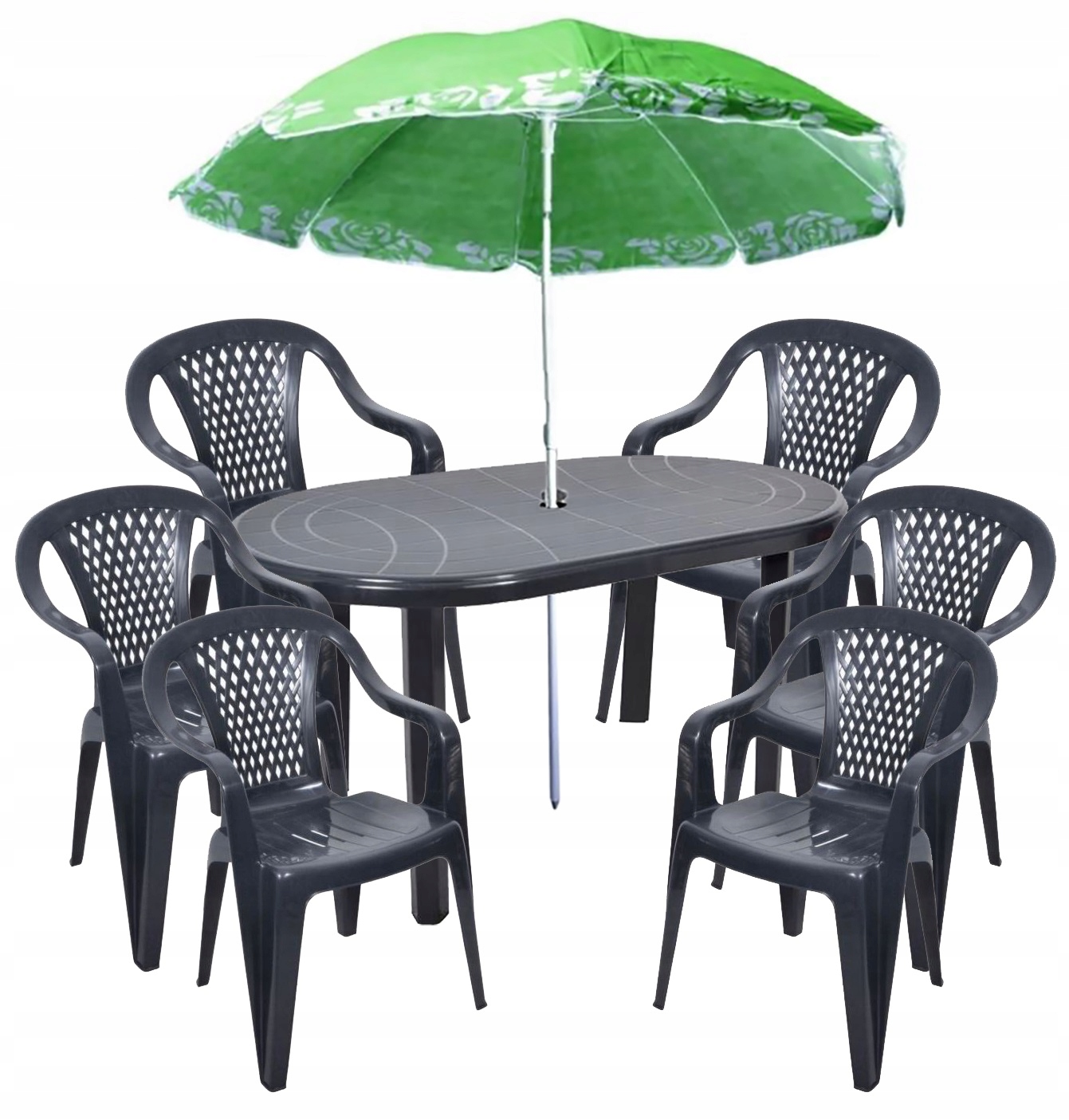 ZESTAW 6+1+PARASOL DUŻY STÓŁ KRZESŁA GRAFIT OGRÓD