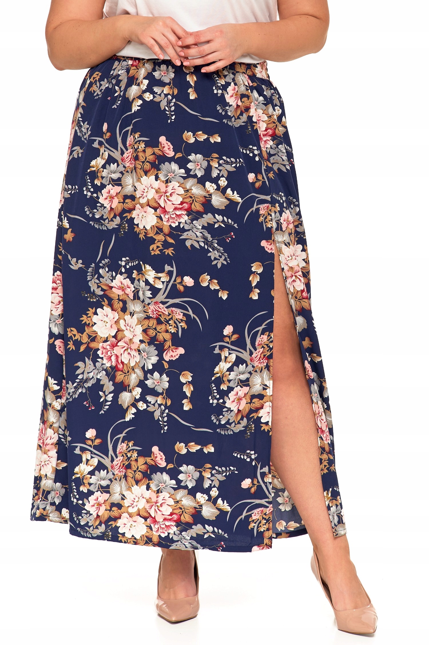 SPÓDNICA MAXI DAMSKA DŁUGA Z ROZCIĘCIEM WZÓR W KWIATY ZWIEWNA MODNA MORAJ M Marka Moraj