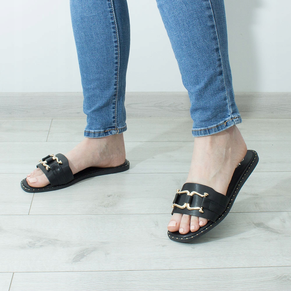 WYGODNE KLAPKI DAMSKIE CZARNE ELEGANCKIE LETNIE BUTY ZŁOTY ŁAŃCUCH 37 Rozmiar 37