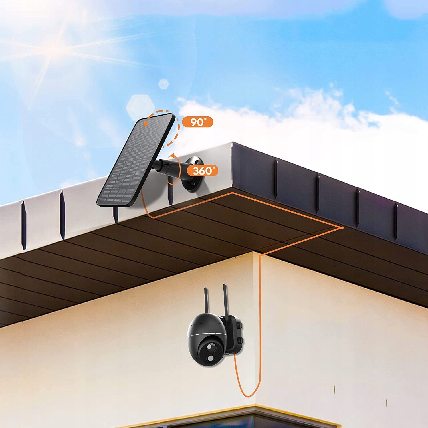 4W PANELE SŁONECZNE DO BEZPRZEWODOWEJ KAMERY MONITORUJĄCEJ, WODOODPORNY Przewód w zestawie tak