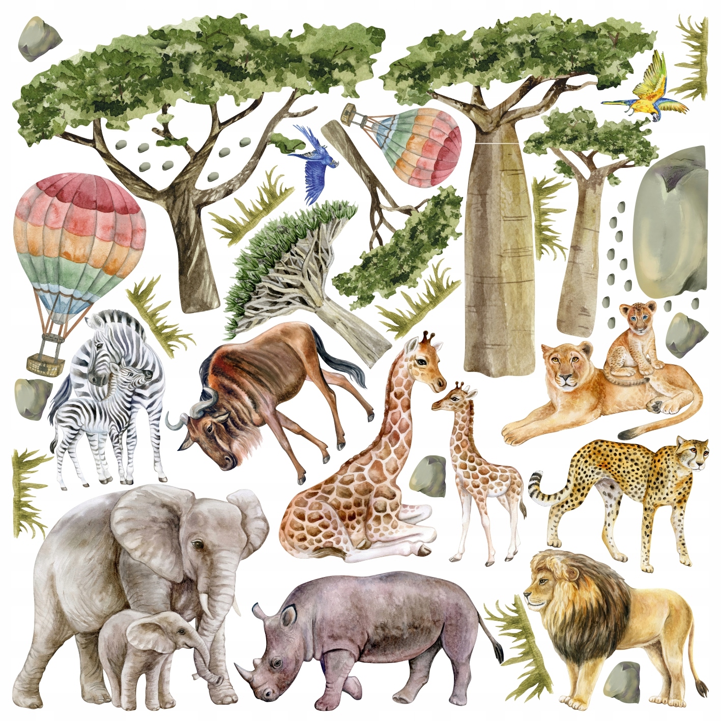 Naklejki na ścianę Safari lew słoń zebra