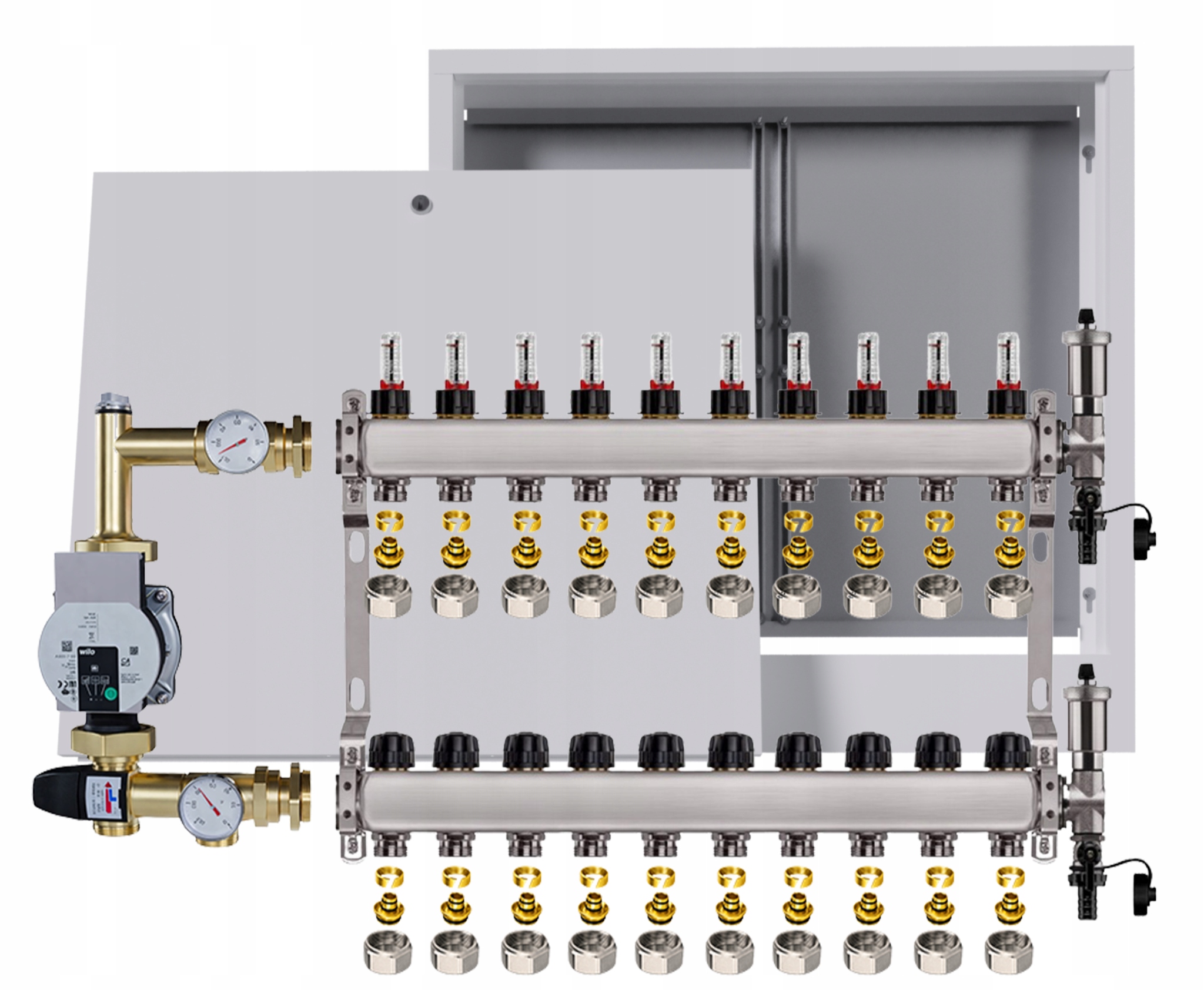 Rozdělovač pro podlahu Nerezový 10 s boxem Čerpadlo Wilo Spojky