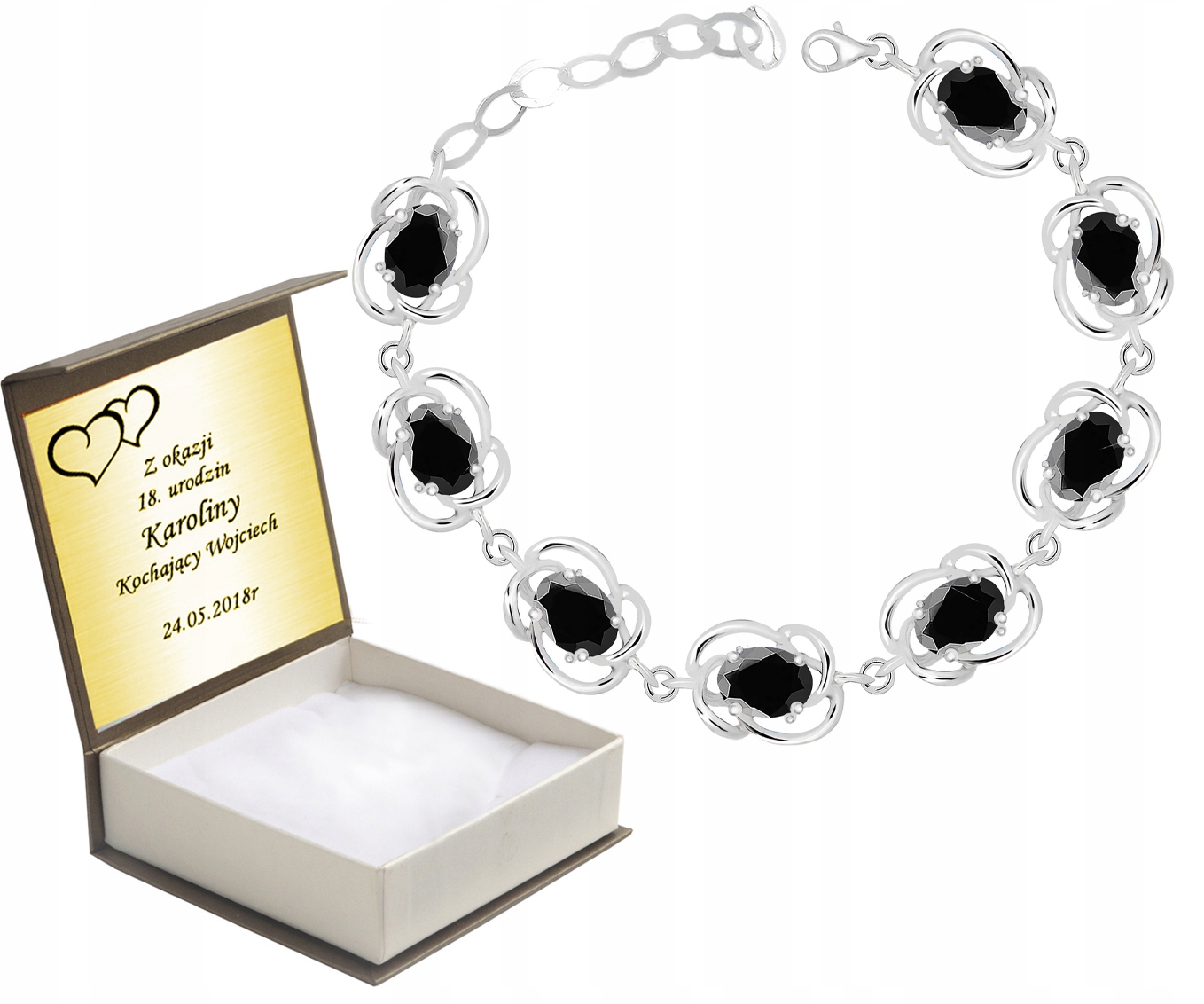 

Bransoletka Srebrna Z Czarnymi Cyrkoniami+grawer