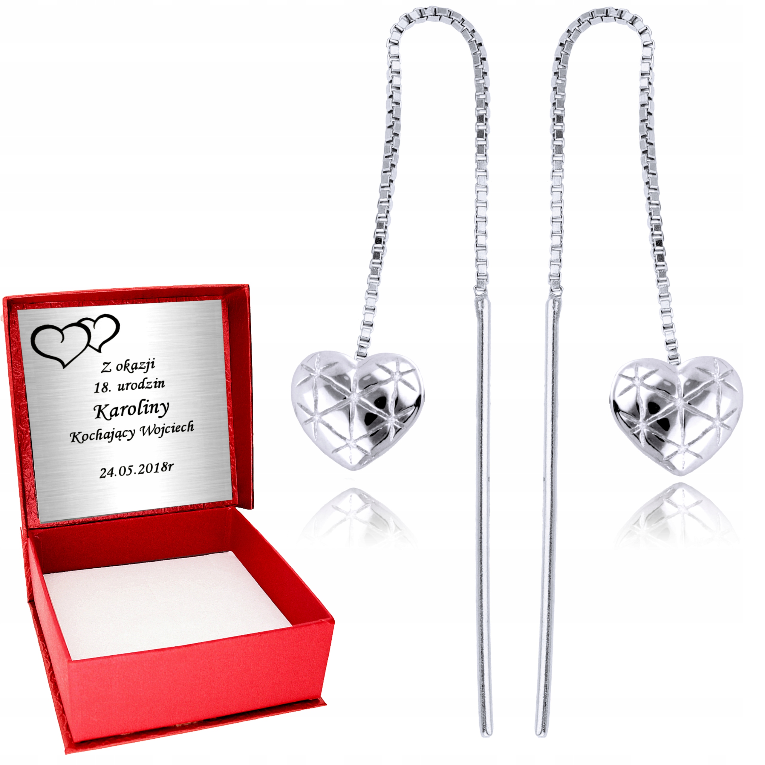 

Srebrne Kolczyki 925 Wiszące Serca Grawer