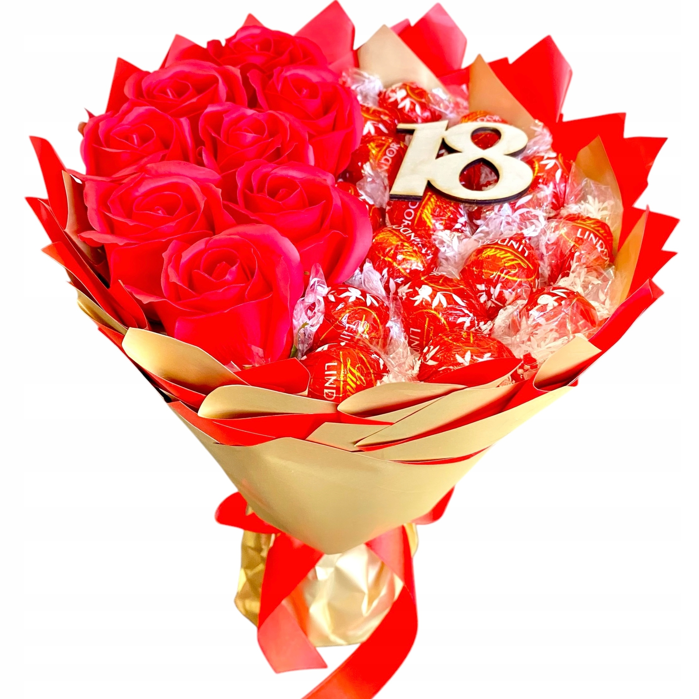 Słodki bukiet na 18 osiemnastkę słodycze Lindor 8 róż mydlanych