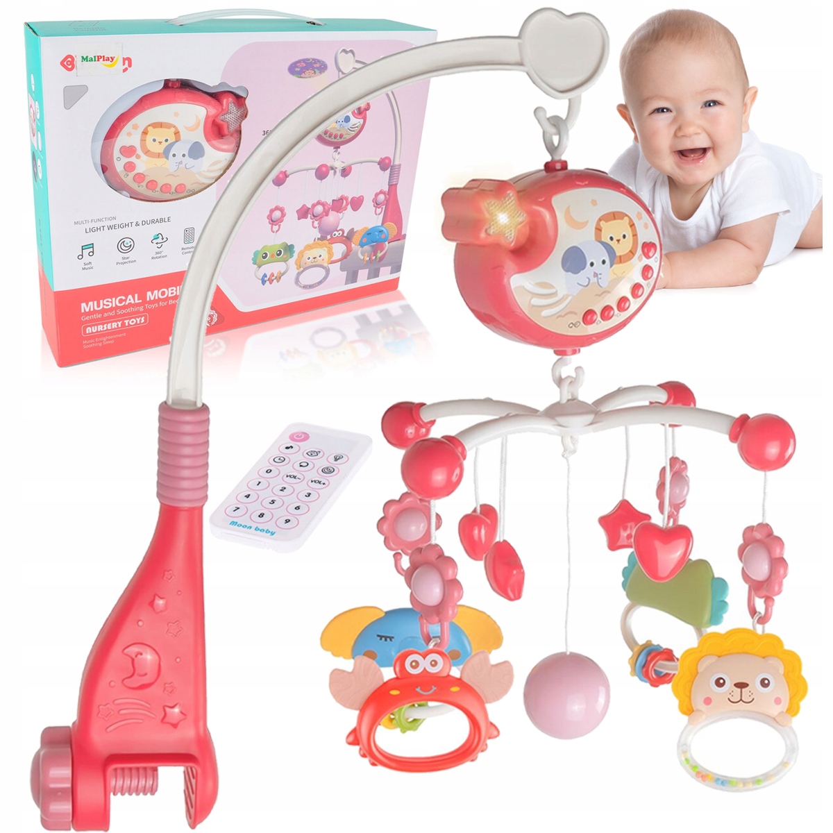 KARUZELKA DO ŁÓŻECZKA POZYTYWKA PROJEKTOR LED Regulacja głośności + PILOT