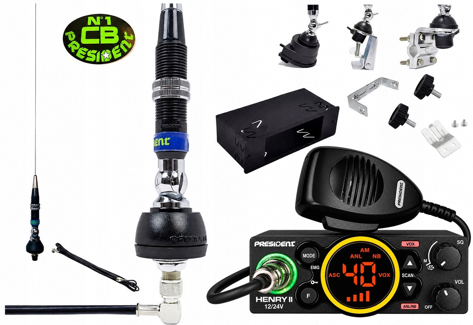 Kompletní Sada Cb Radio Henry II 12V/24V Poloviční Kapsa Anténa Držák Kamion