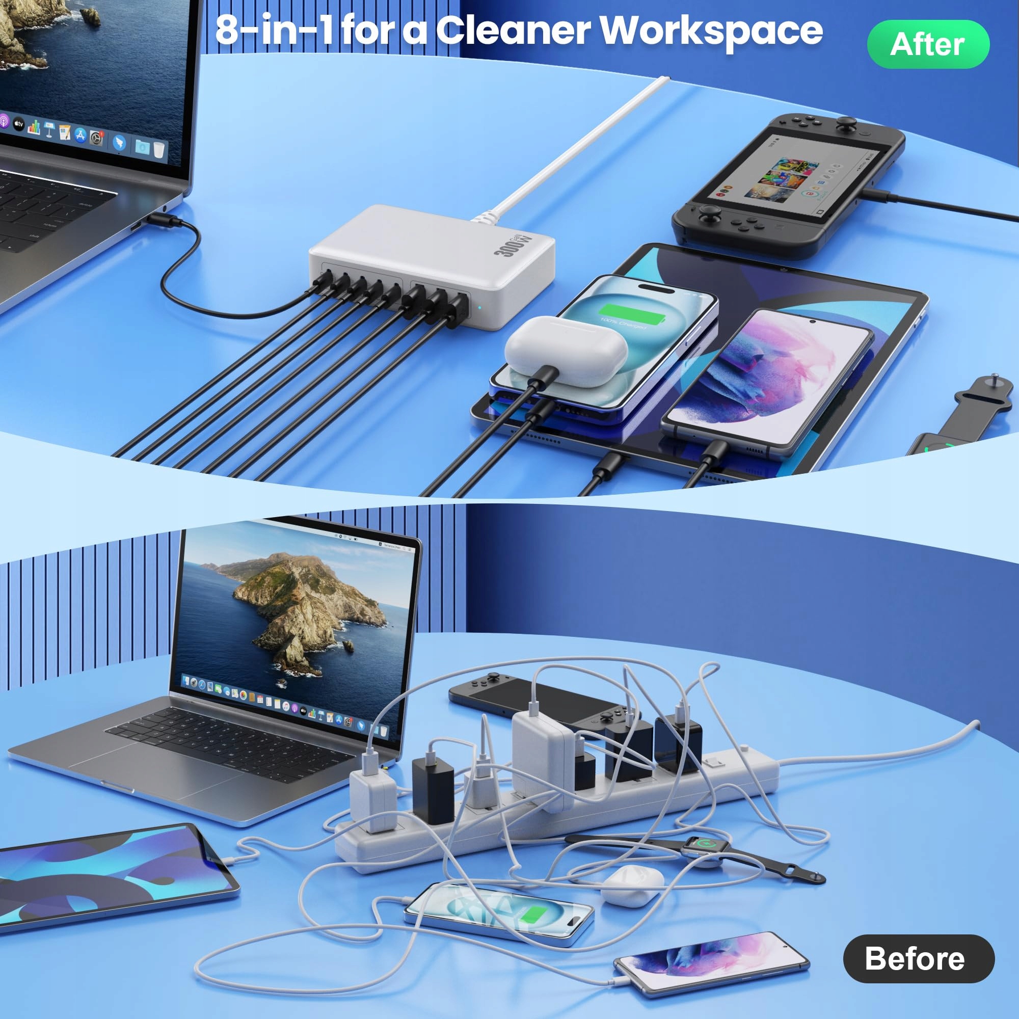 QODJN Ładowarka USB C 300W 8 Portów Szybkie Ładowanie Laptop MacBook iPhone — miniatura 7