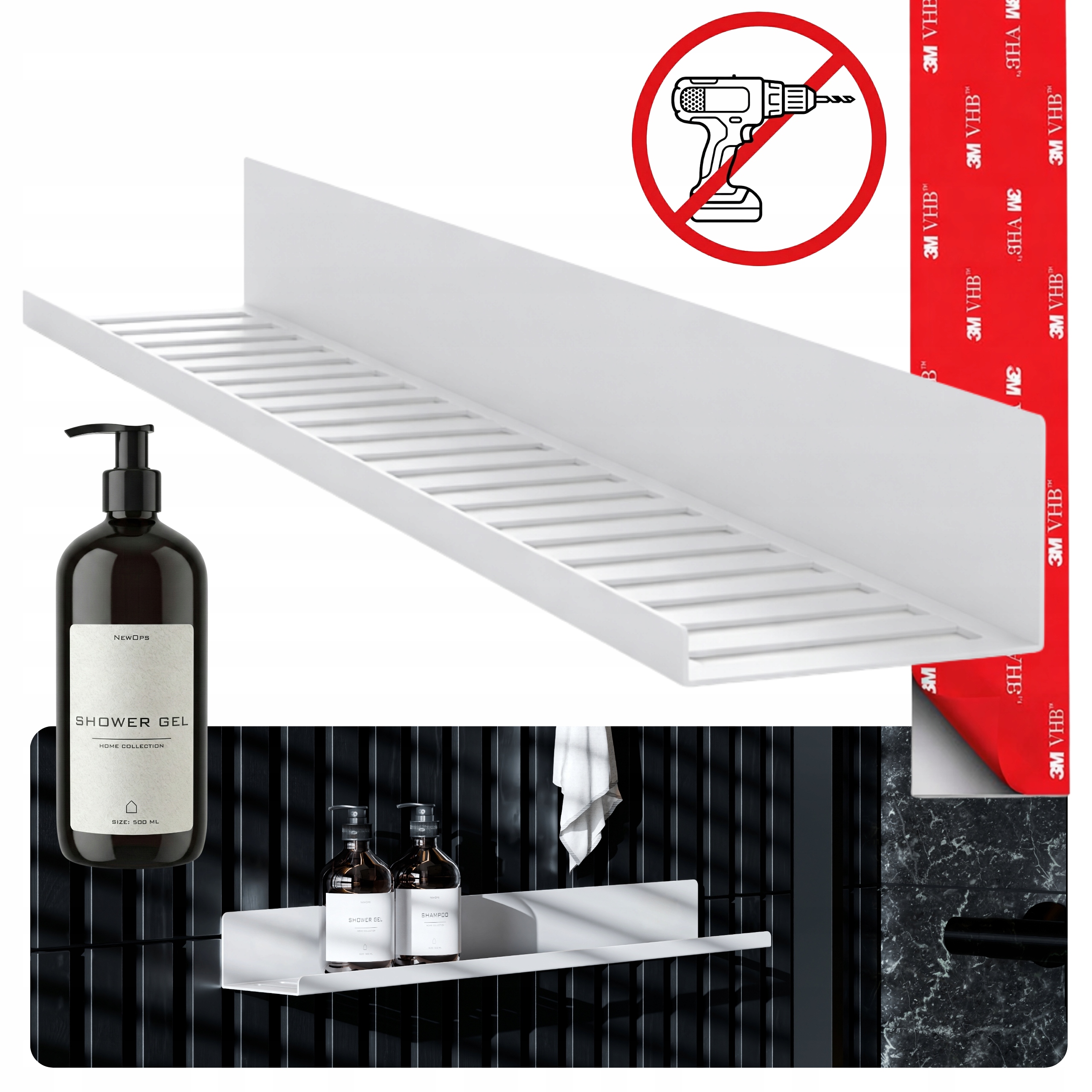 Sprchová Polička Nexa 60 cm Bezinvazivní Bez Vrtání 3M Vhb Láhev