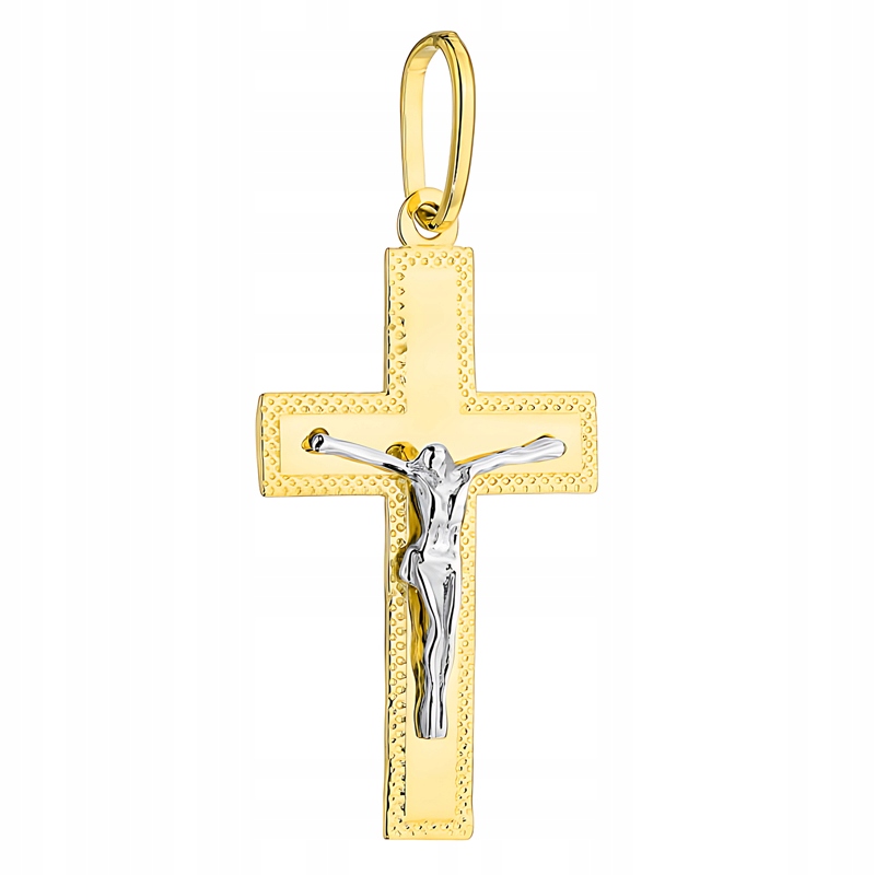 Zlatý Křížek Kříž pr. 585 Dvoubarevný s diamantováním Ježíš Kristus 14k