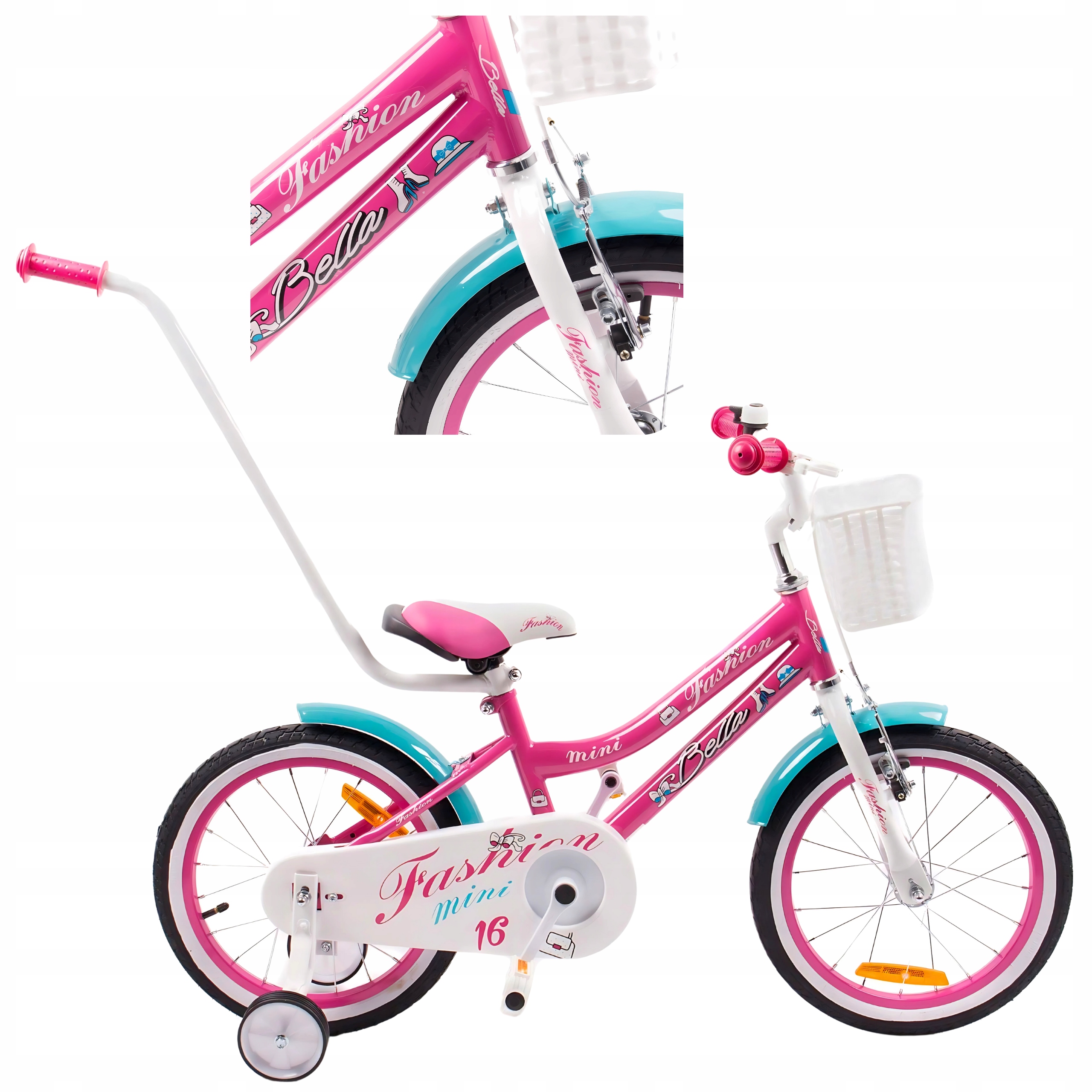 Rower dla dziewczynki 16 cali Różowy Boczne kółka Koszyk Dzwonek Prowadnik