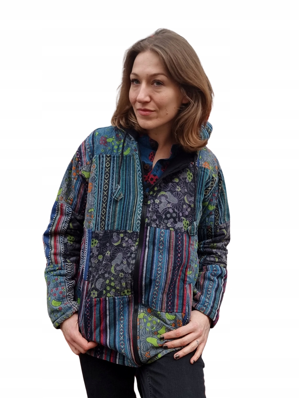 Patchworková bunda mikina gheri houby muchomůrky s kapucí modrá M