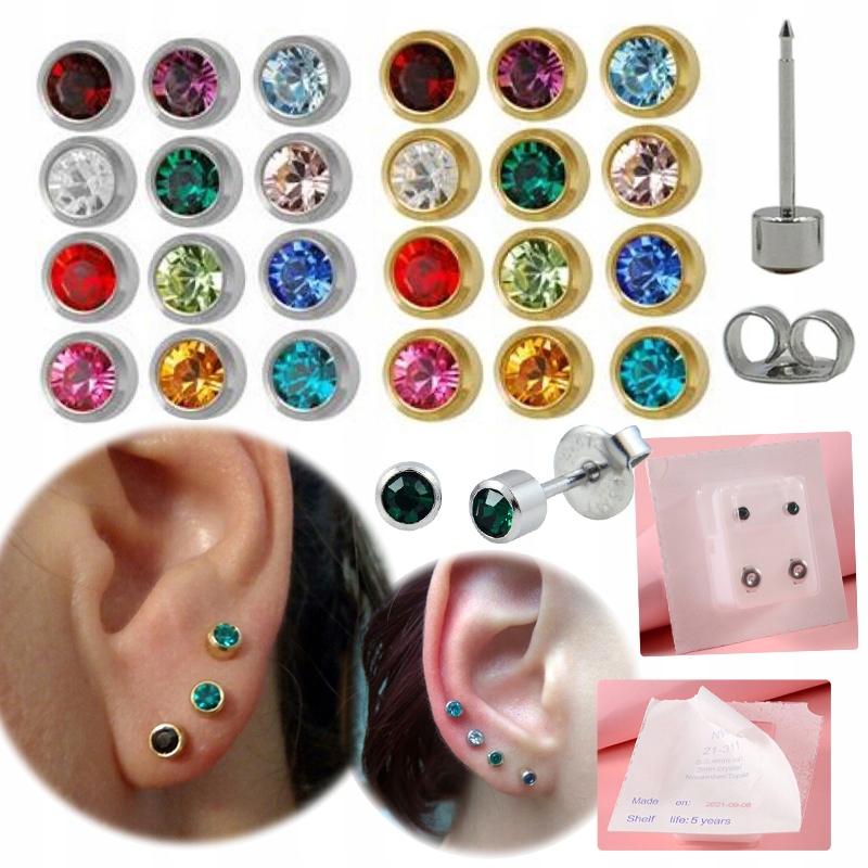 24 párů náušnic s kamínkem podle měsíce narození, chirurgická ocel 304, sterilní, velikost 3 mm a 4 mm