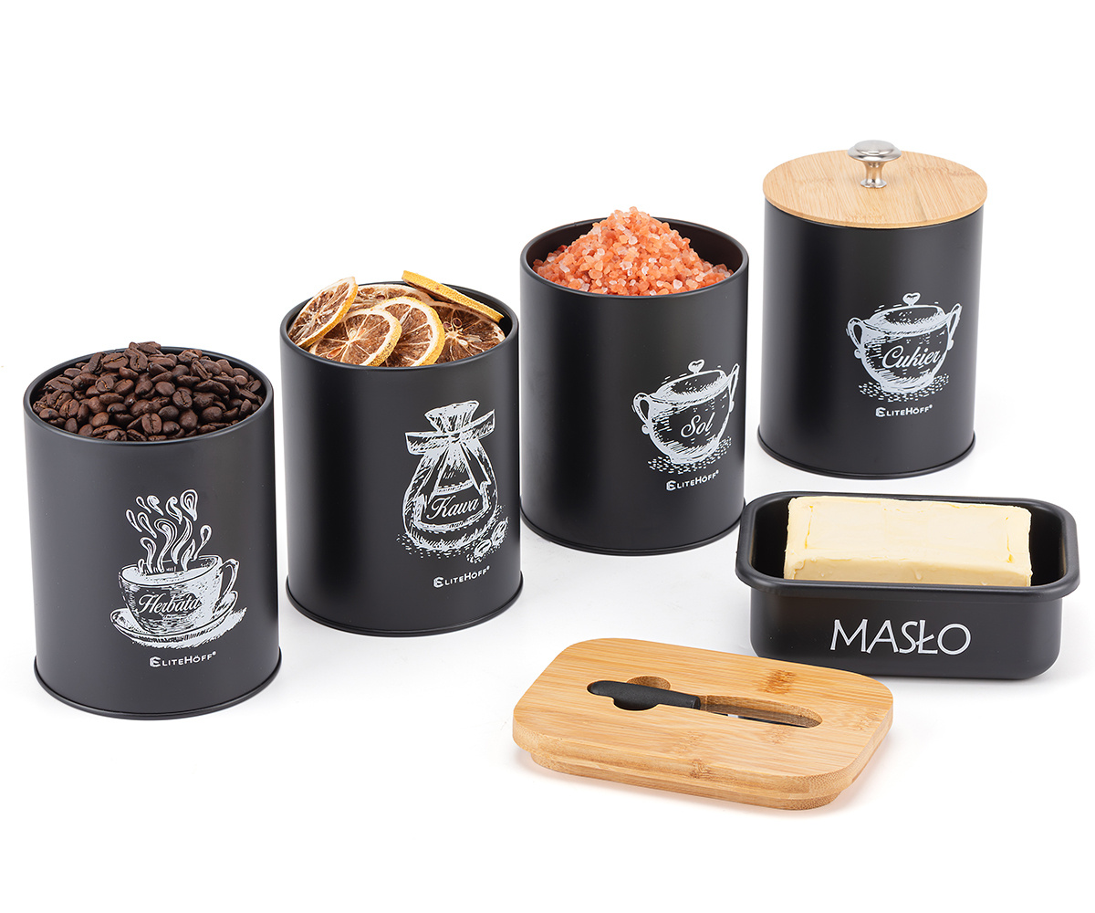 Zestaw 4 Pojemników Kuchennych I Maselniczka Czarne