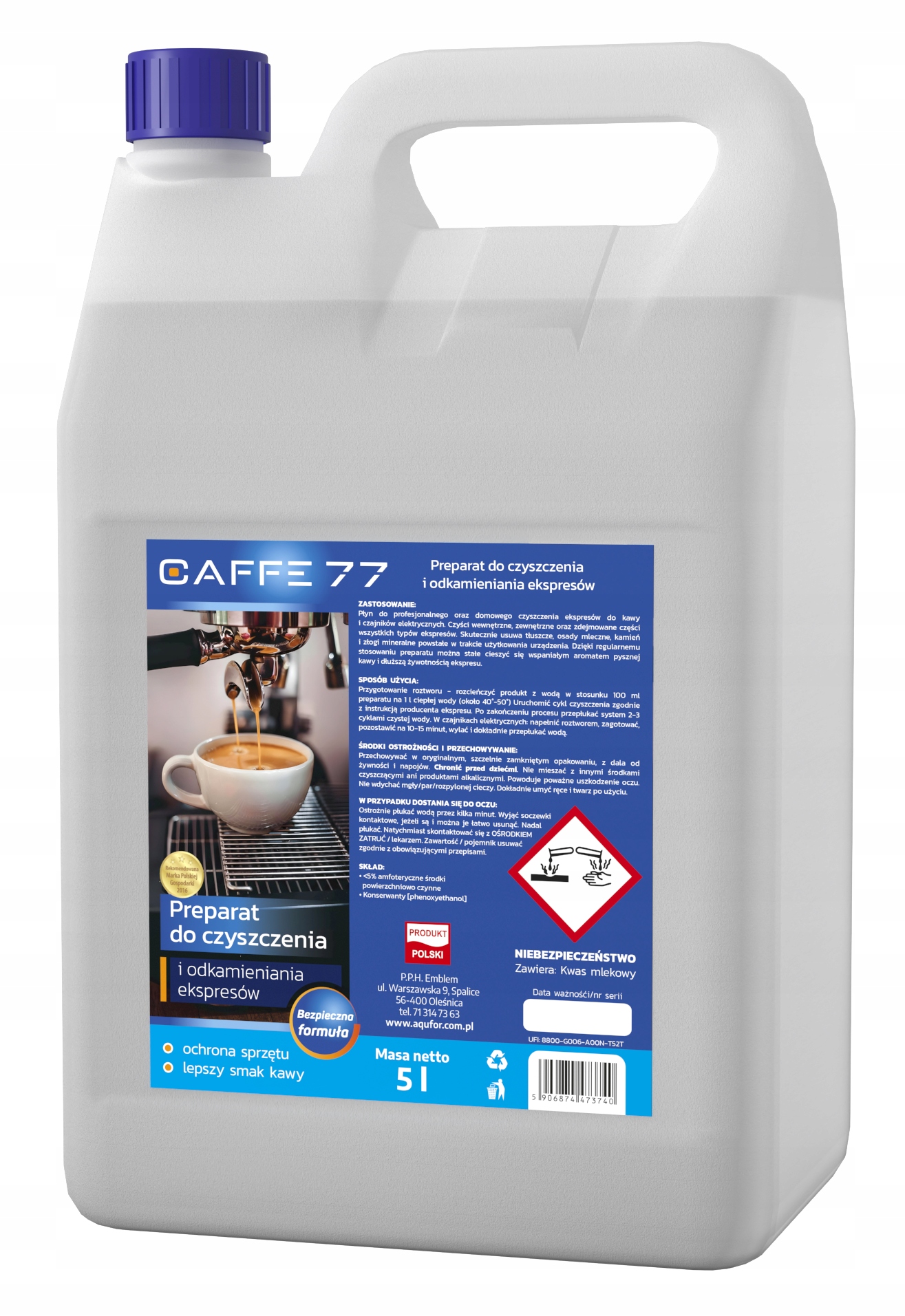 Silný odvápňovač Caffe77, kapalina pro odvápnění kávovaru, koncentrát 5 l