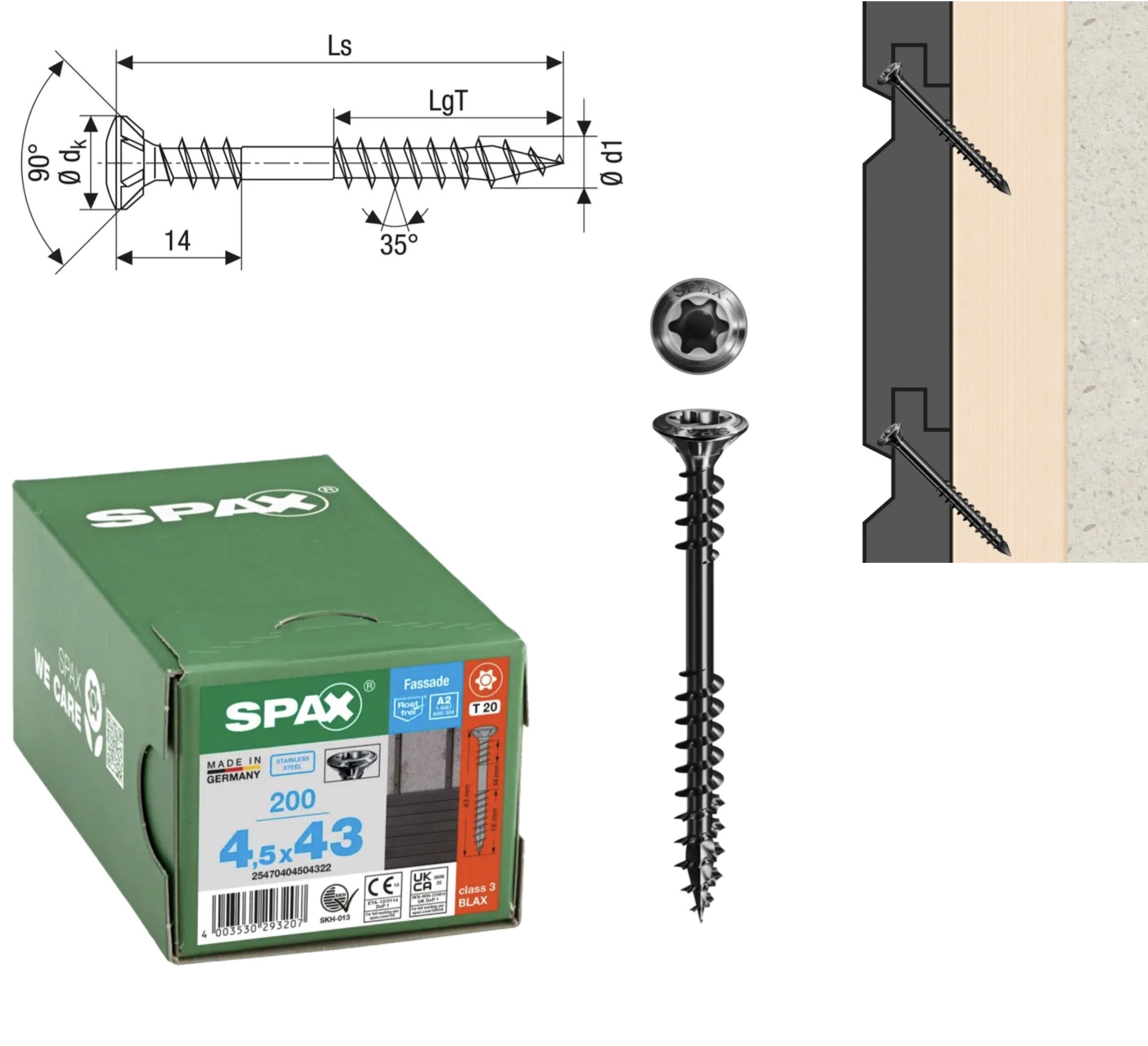 Wkręty do drewna Spax A2 Tx 4,5 x 43 mm 200 szt. Czarne
