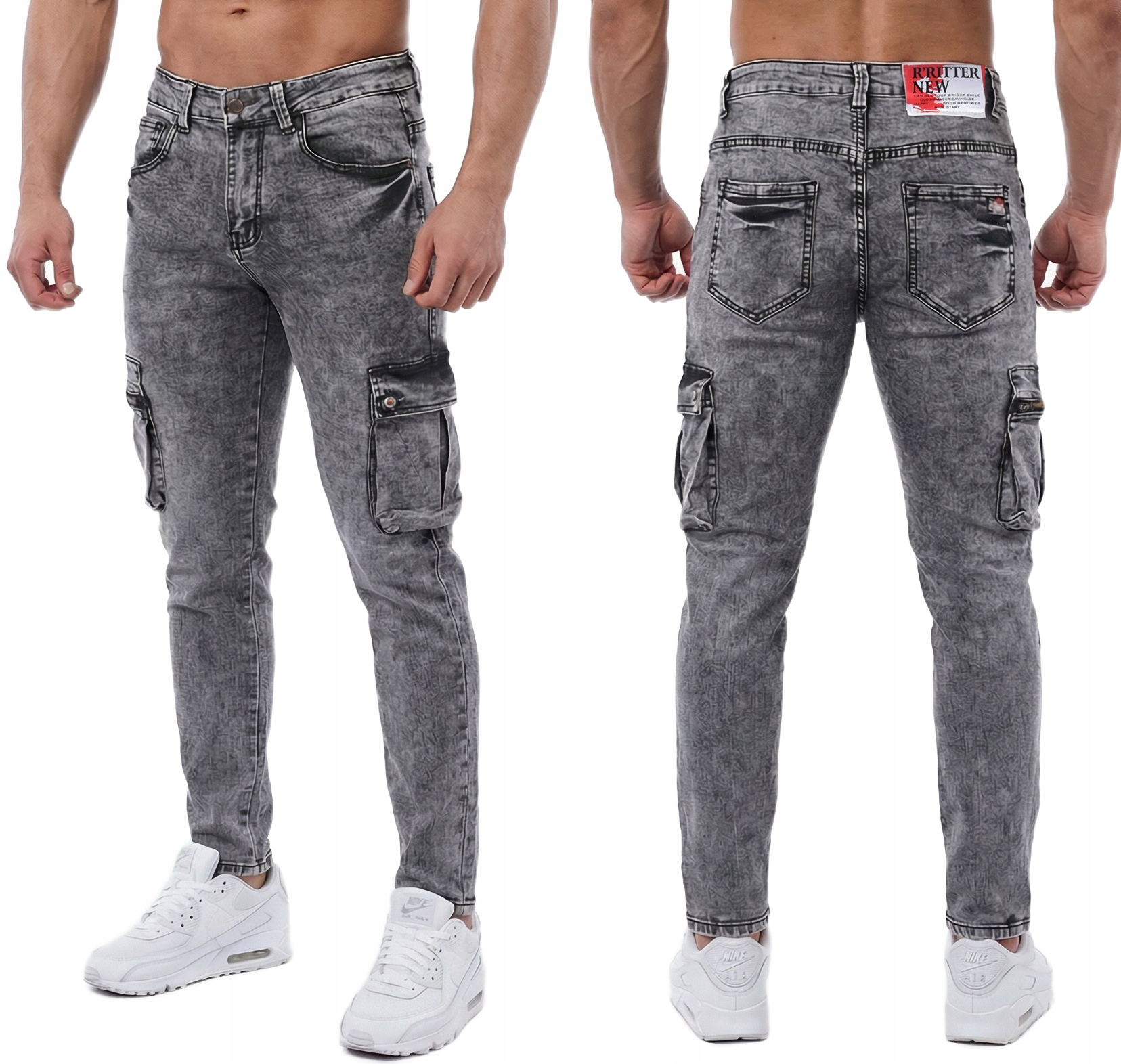 Bojówki Męskie Spodnie Jeansowe Kieszenie