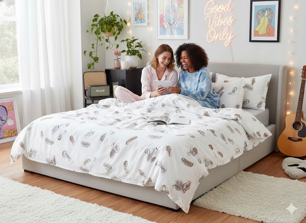 4dílná sada peřin z měkké bavlny s peřím, prostěradlem a 2 povlaky na polštáře 160x200 cm