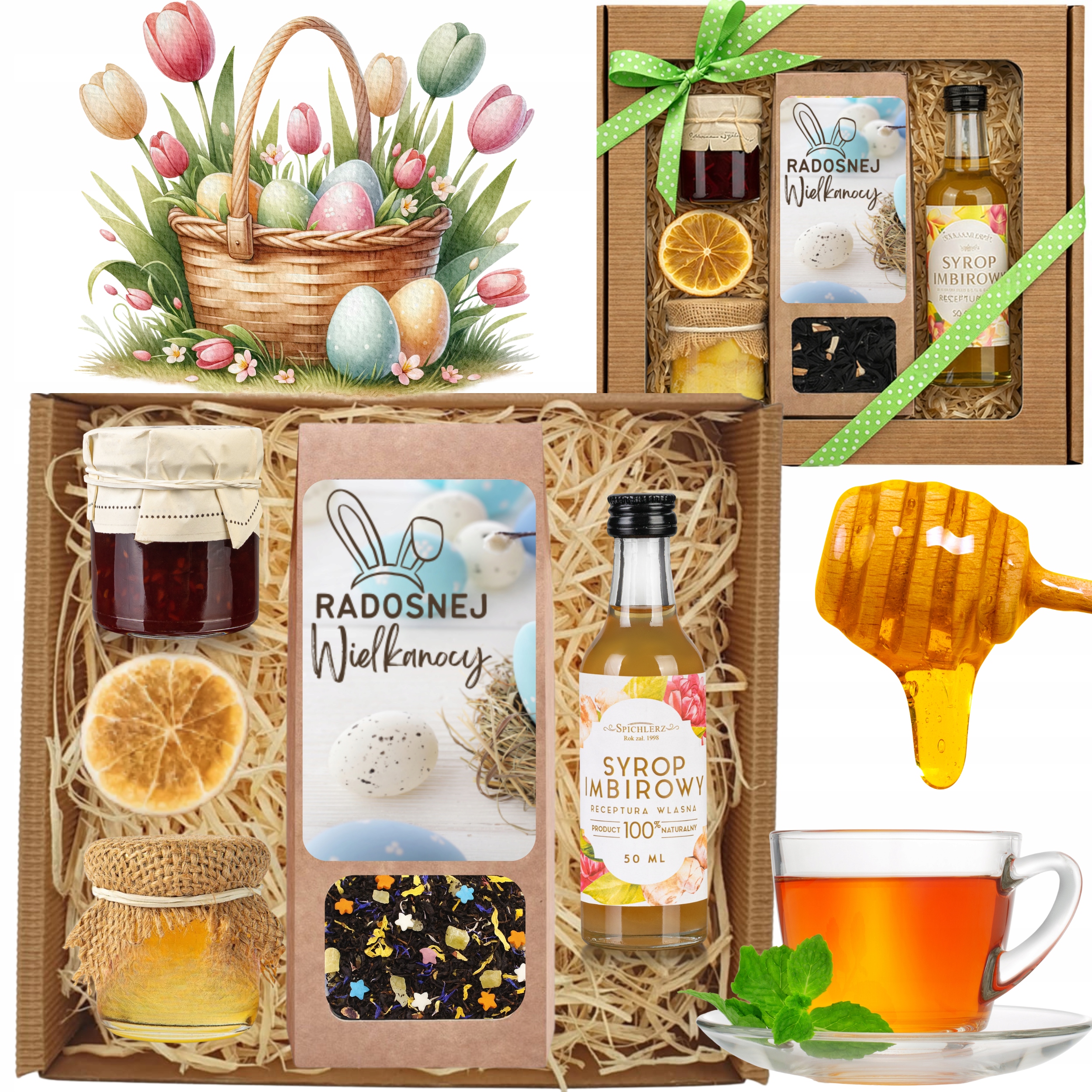Levně Sada Dárkových Košů Na Velikonoce Svatý Čaj Med Zavařenina Sirup