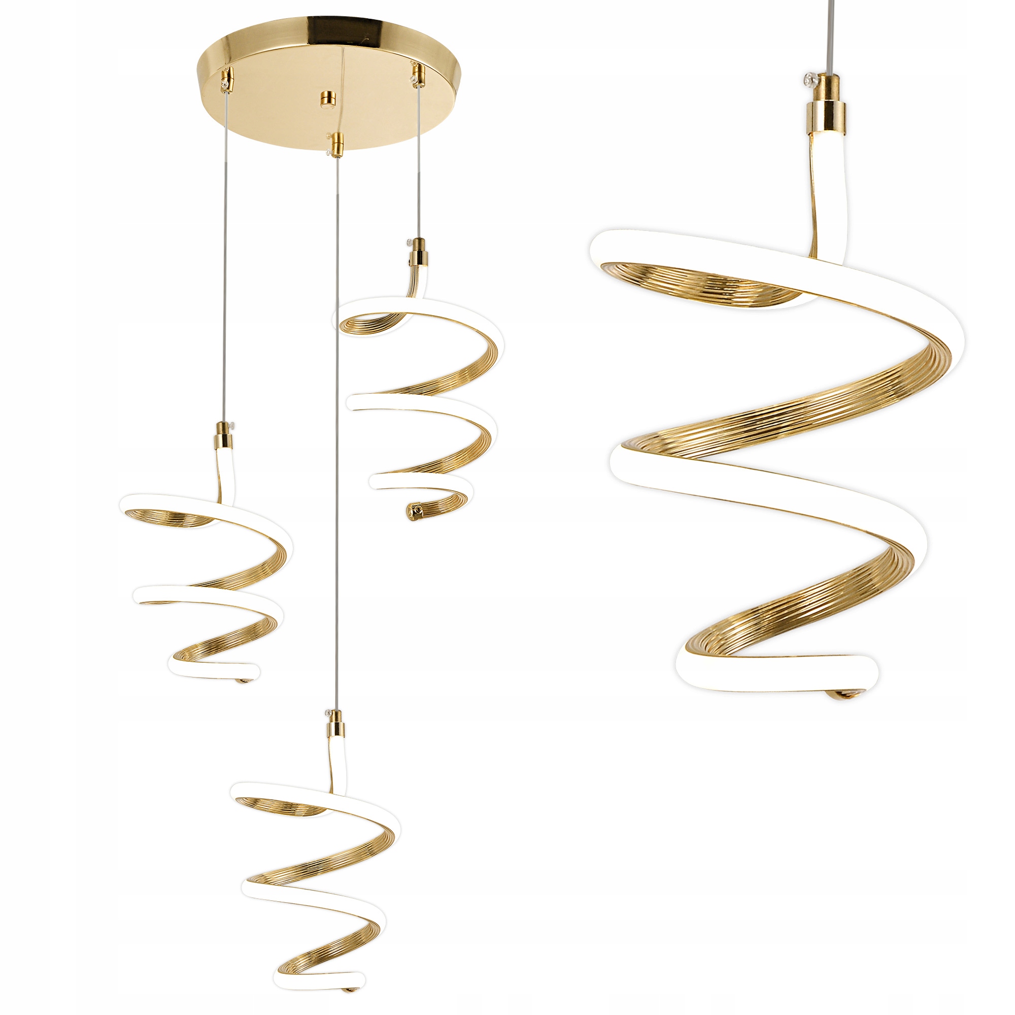LAMPA WISZĄCA LED SUFITOWA POTRÓJNA ZŁOTA SPIRALA DO SALONU JADALNI