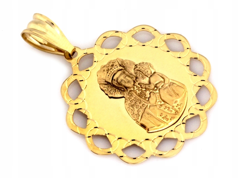 Velký kulatý medailonek Matka Boží 585 s dítětem v prolamovaném rámu