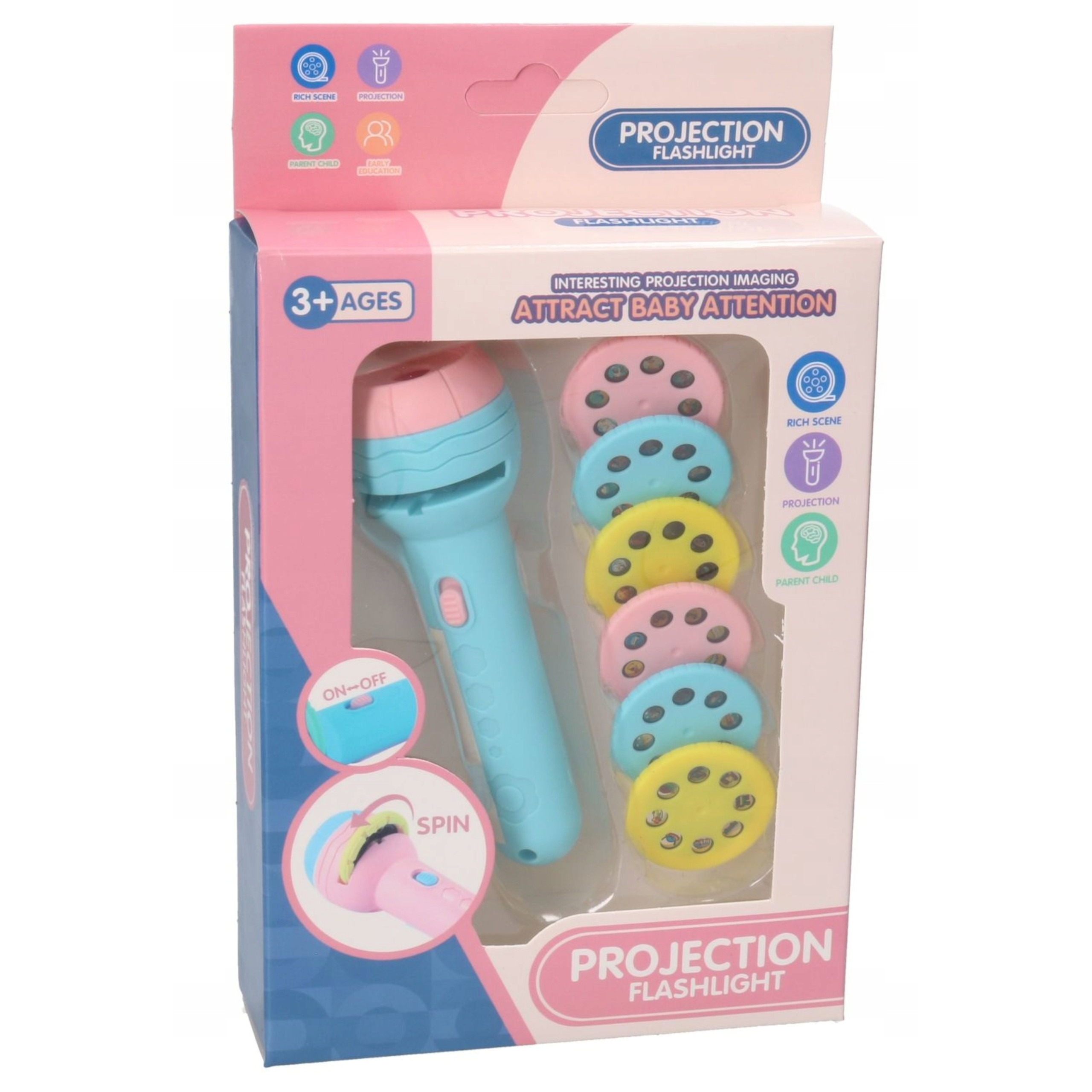 Projektor mini ręczny latarka 2 w 1 niebieski dla dzieci 7606N Szerokość produktu 3.5 cm