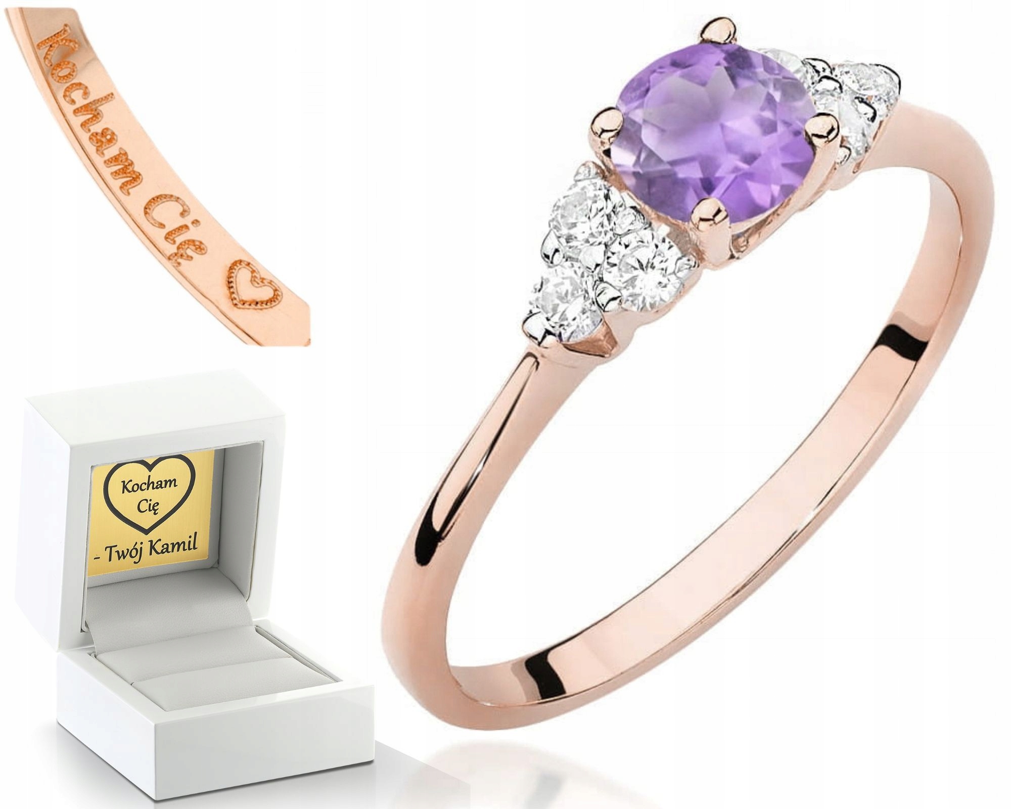 Prstýnek Ametyst Brilianty Růžové Zlato Gravírování 585 Bonus