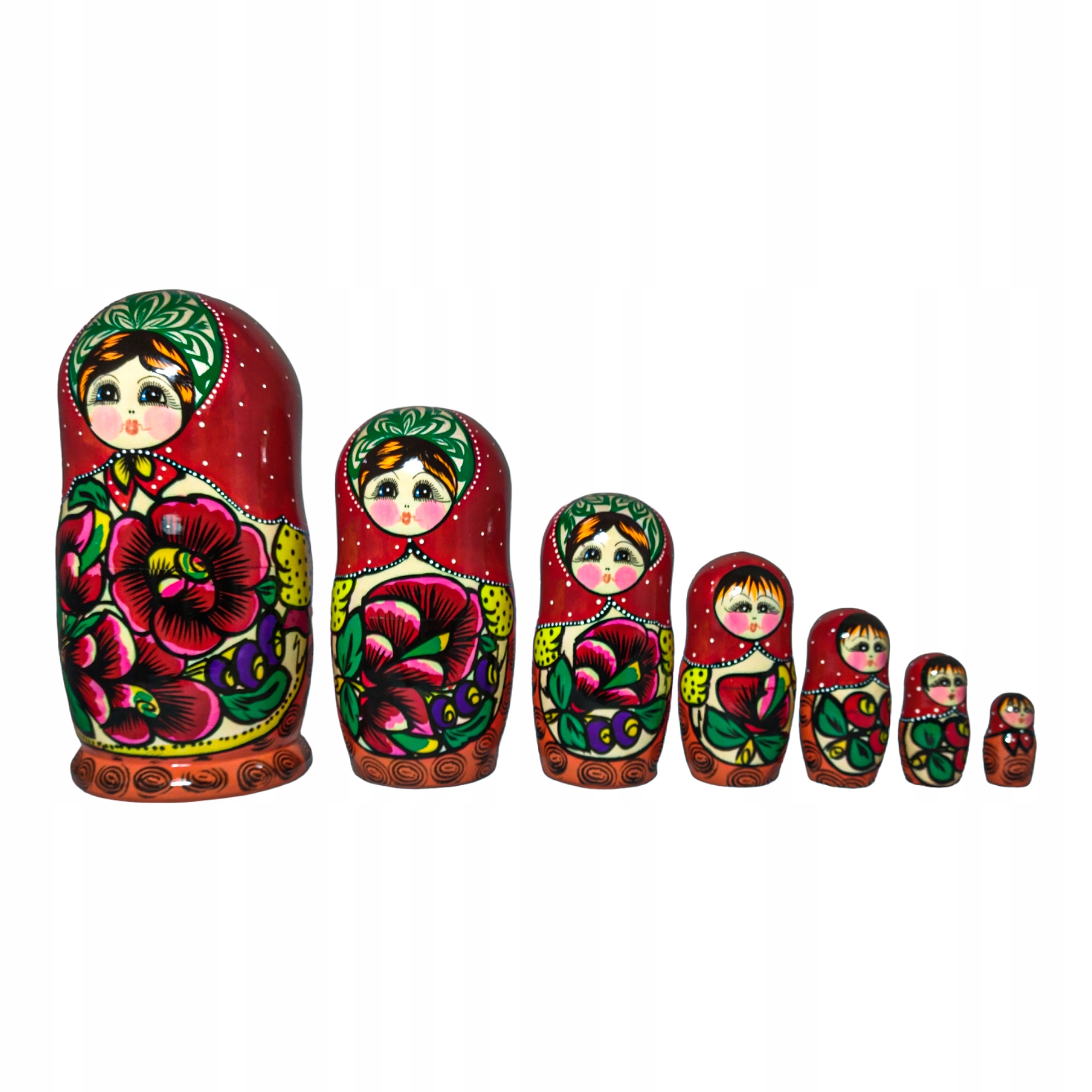 Dřevěná panenka Matrjoška Babuška 7v1 20 cm rečně malovaný šátek